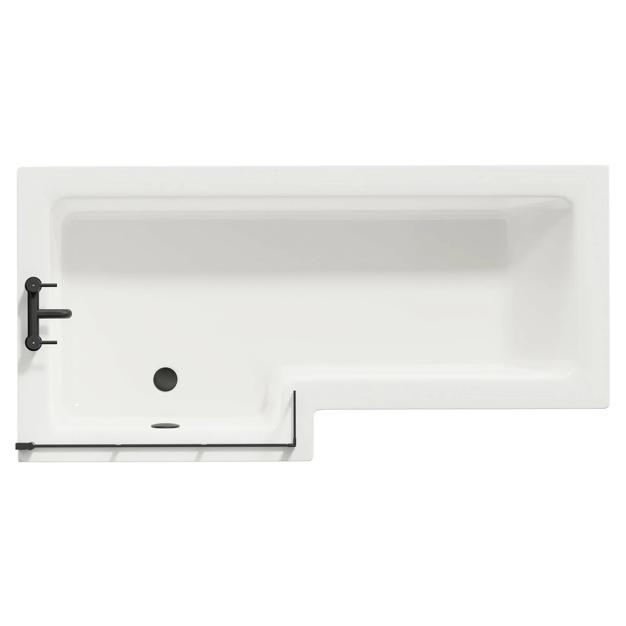 Loire 1700mm Left Hand L Shaped Shower Bath With Matt Black Bath Screen And White Acrylic Front Bath Panel
