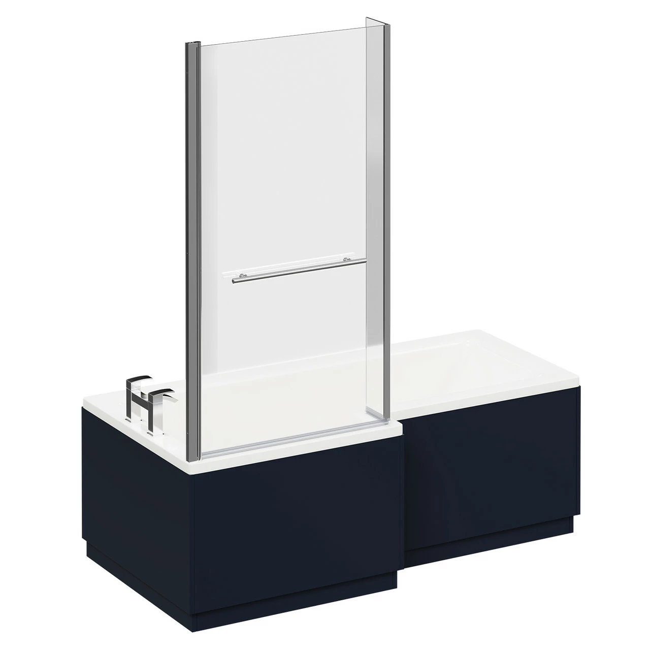 Loire 1700mm Left Hand L Shaped Shower Bath With Polished Chrome Towel Rail Bath Screen And Deep Blue Front And End Bath Panels - Image 3
