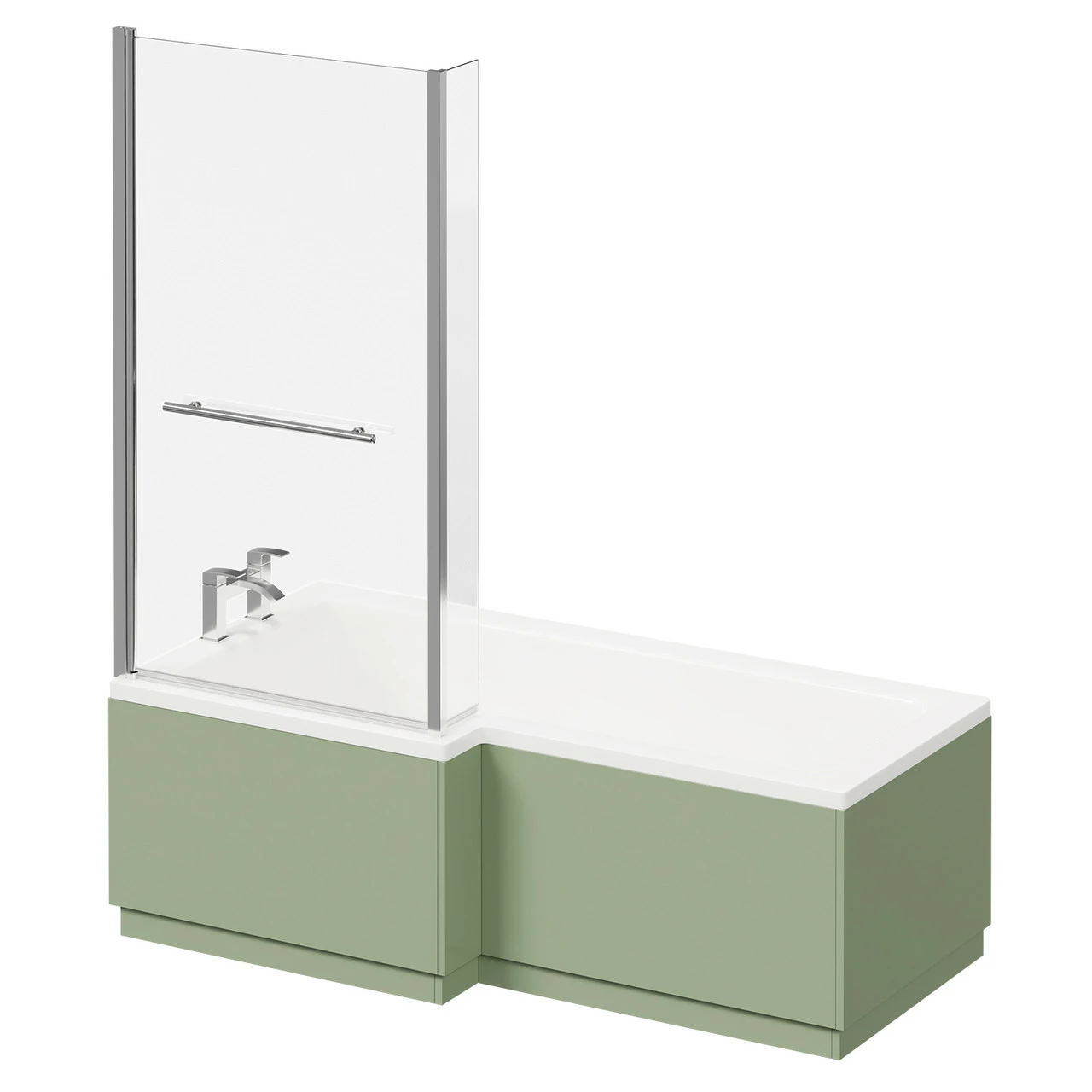 Loire 1700mm Left Hand L Shaped Shower Bath With Polished Chrome Towel Rail Bath Screen And Olive Green Front And End Bath Panels - Image 2