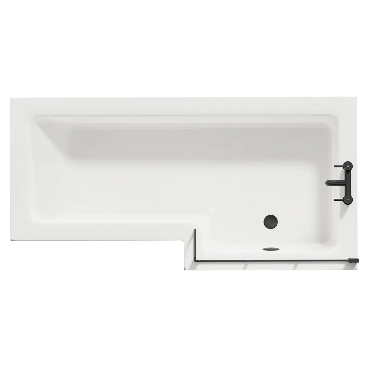 Loire 1700mm Right Hand L Shaped Shower Bath With Matt Black Bath Screen And Gloss Grey Pearl Front And End Bath Panel