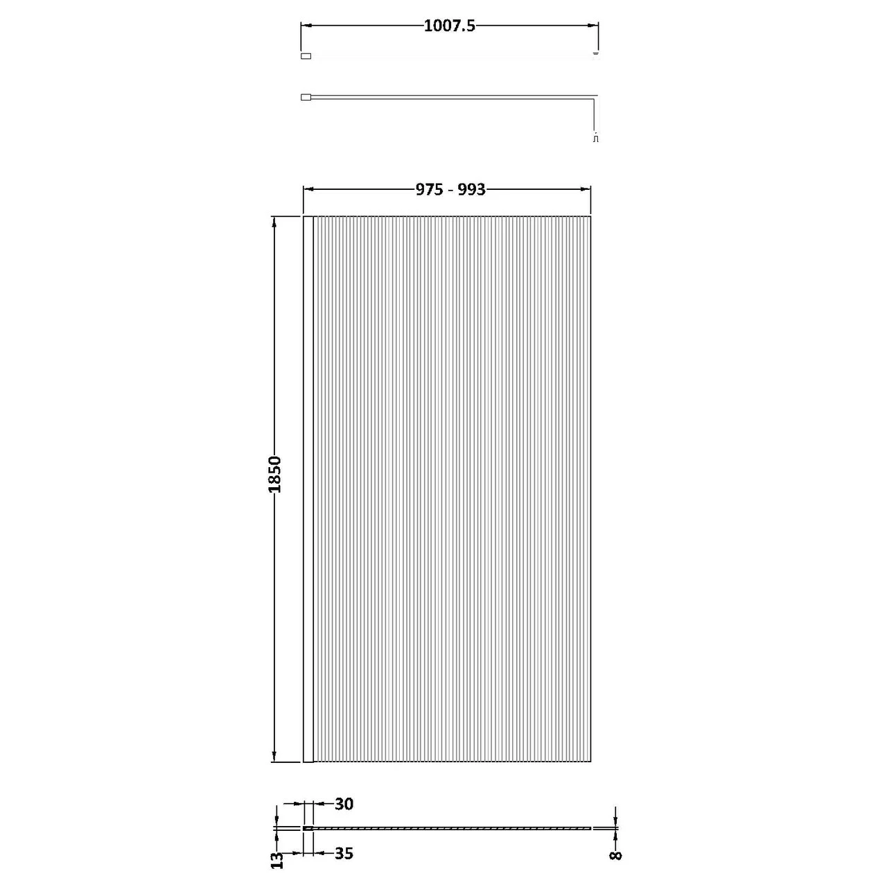 Nuie 1000mm X 1850mm Fluted Wetroom Screen With Brushed Brass Support Bar - WRFL18510BB 5 Nuie 1000mm X 1850mm Fluted Wetroom Screen With Brushed Brass Support Bar - WRFL18510BB - Image 3