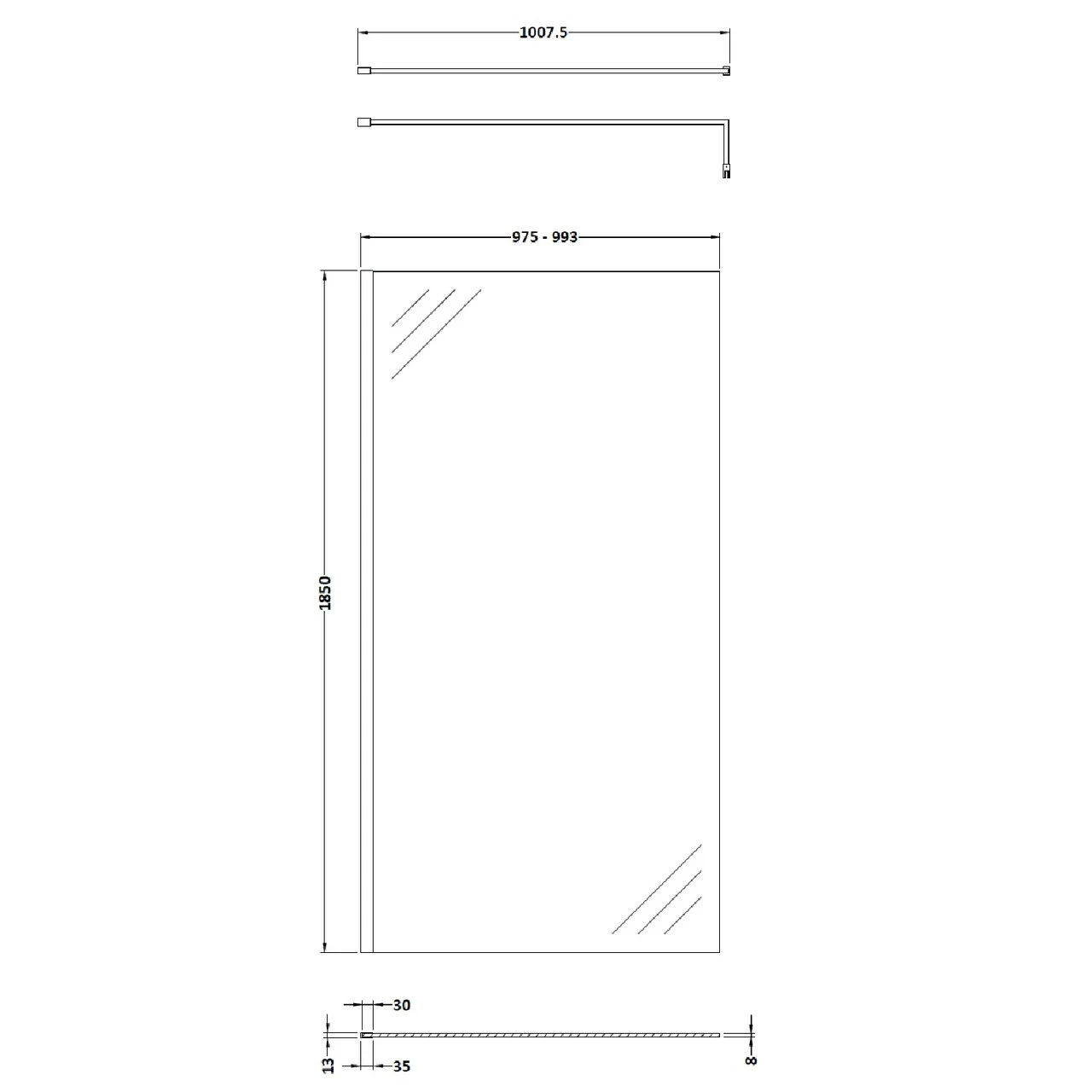 Nuie 1000mm X 1850mm Wetroom Screen With Brushed Brass Support Bar - WRSCBB010 4 Nuie 1000mm X 1850mm Wetroom Screen With Brushed Brass Support Bar - WRSCBB010 - Image 2