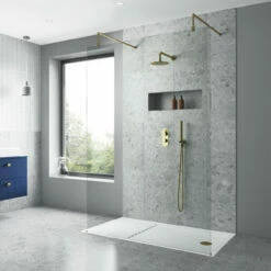 Nuie 1400mm X 1850mm Wetroom Screen With Brushed Brass Support Bar - WRSCBB014 -Bathroom Products Sales Store nuie 1400mm x 1850mm wetroom screen with brushed brass support bar wrscbb014 two 70860.1666714566