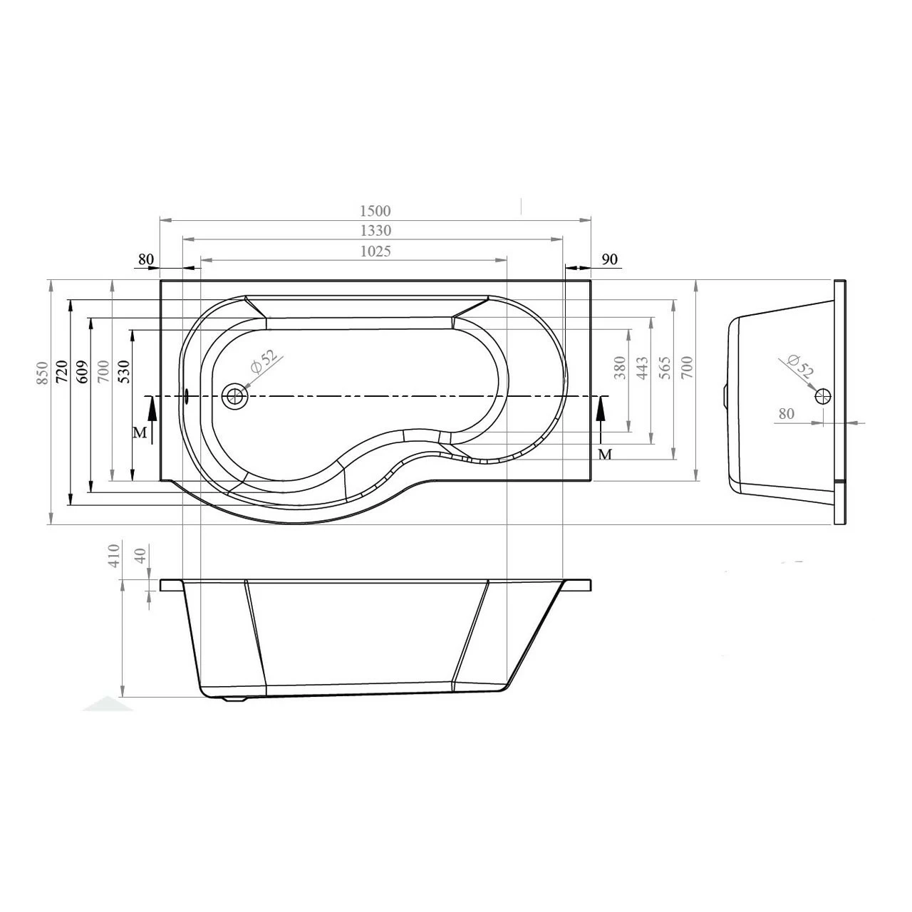 Nuie 1500mm X 850mm Left Hand P Shape Shower Bath - WBP1585L - Image 3