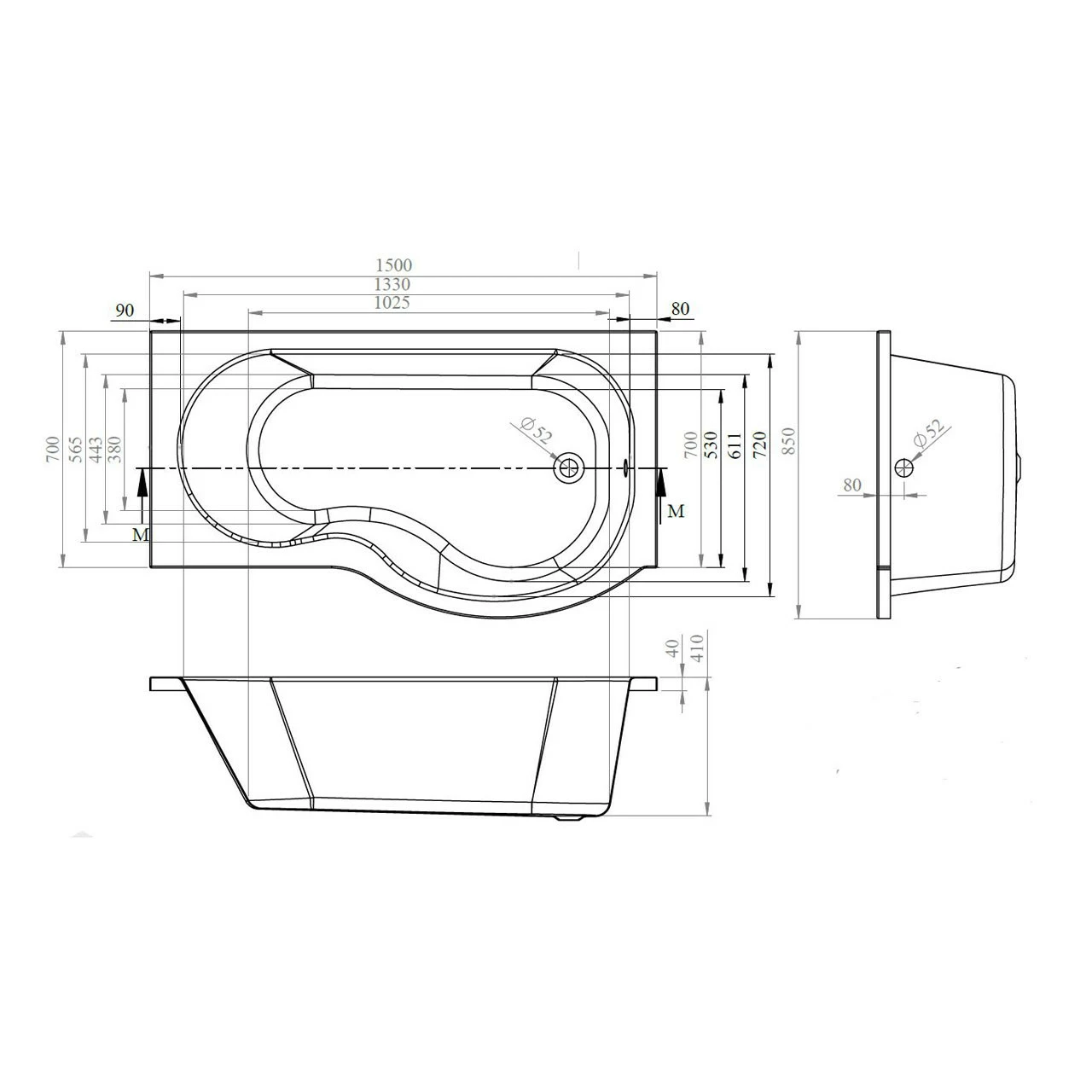 Nuie 1500mm X 850mm Right Hand P Shape Shower Bath - WBP1585R - Image 3