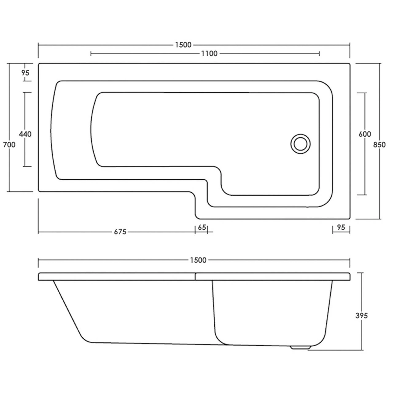 Nuie 1500mm X 850mm Right Hand Square Shower Bath - WBS1585R - Image 3