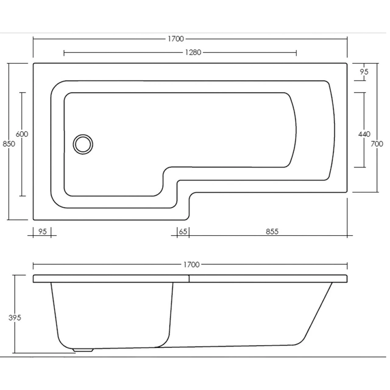 Nuie 1700mm X 850mm Left Hand Square Shower Bath With Screen And Front Panel - SBATH05 - Image 3