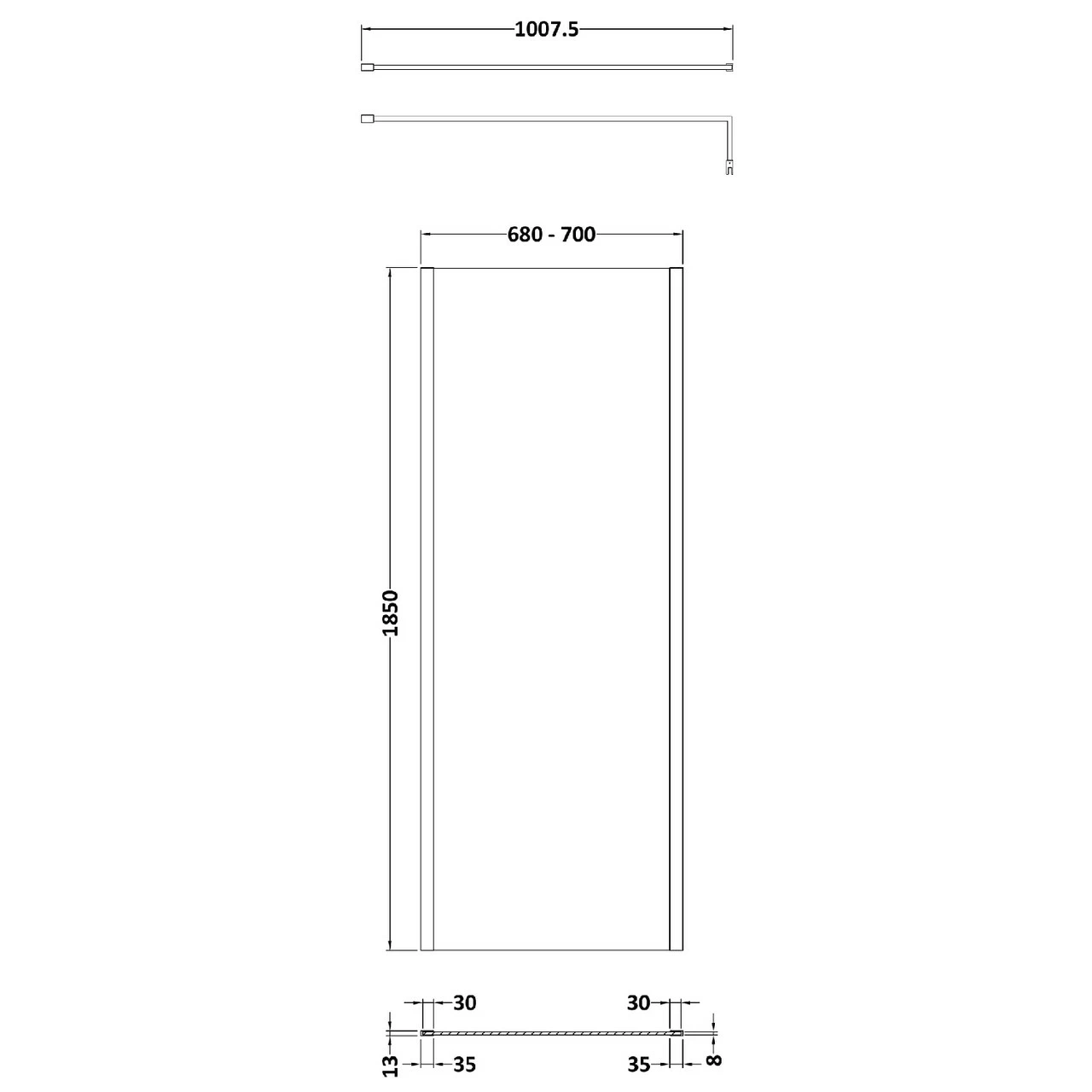 Nuie 700mm X 1850mm Wetroom Screen With Matt Black Support Bar - WRSCOBP70 5 Nuie 700mm X 1850mm Wetroom Screen With Matt Black Support Bar - WRSCOBP70 - Image 3