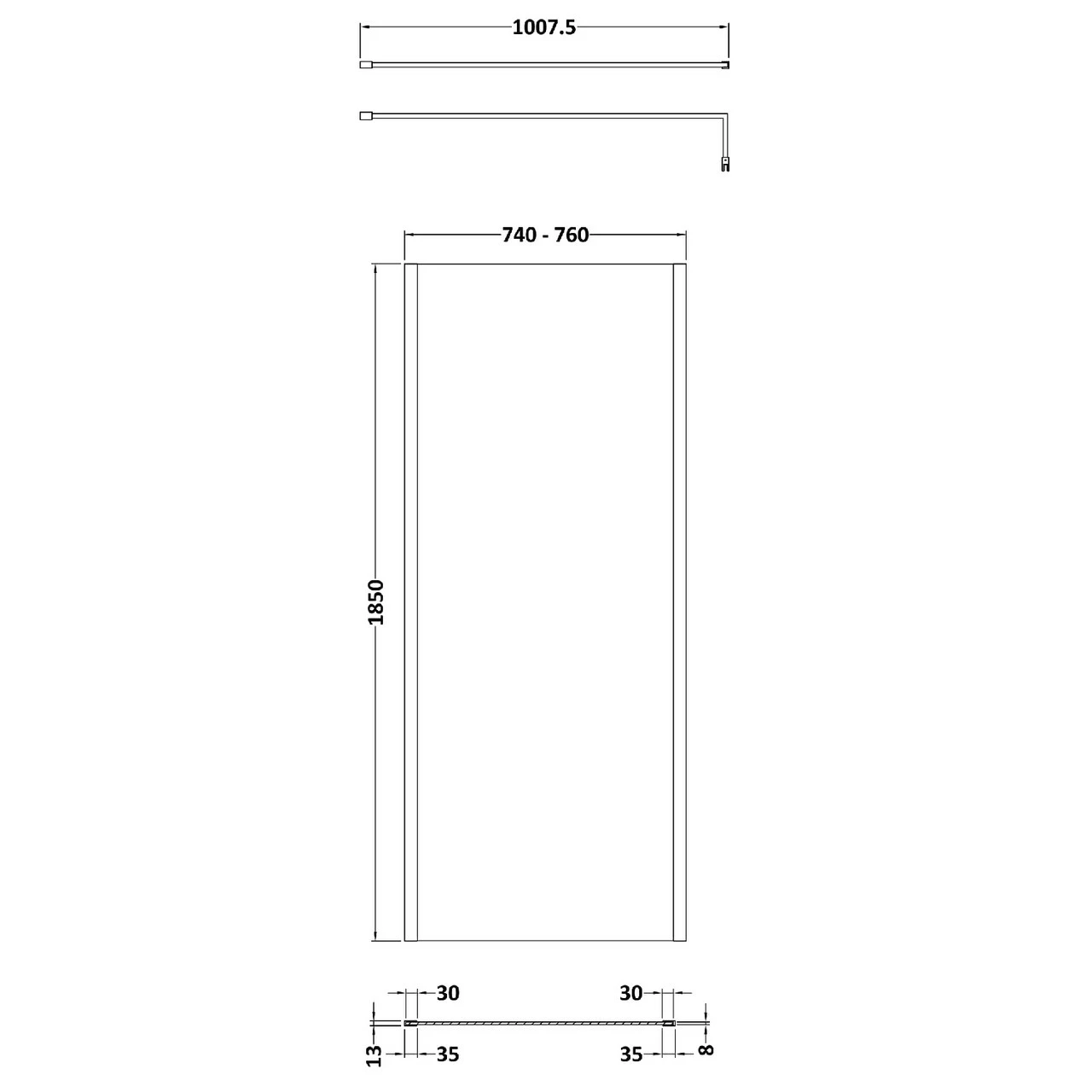 Nuie 760mm X 1850mm Wetroom Screen With Brushed Brass Support Bar - WRSCOBB76 5 Nuie 760mm X 1850mm Wetroom Screen With Brushed Brass Support Bar - WRSCOBB76 - Image 3