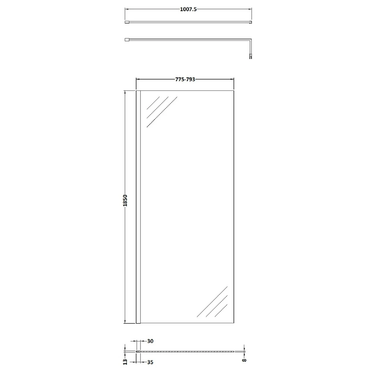 Nuie 800mm X 1850mm Wetroom Screen With Brushed Brass Support Bar - WRSCBB080 4 Nuie 800mm X 1850mm Wetroom Screen With Brushed Brass Support Bar - WRSCBB080 - Image 2