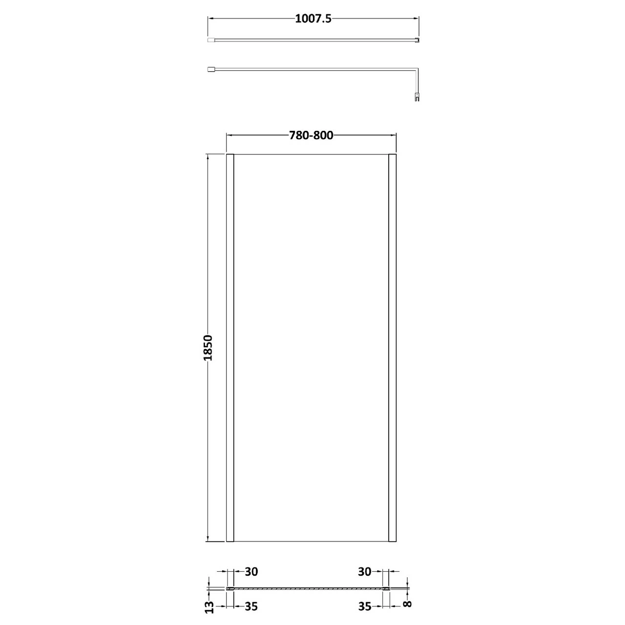 Nuie 800mm X 1850mm Wetroom Screen With Matt Black Support Bar - WRSCOBP80 - Image 3