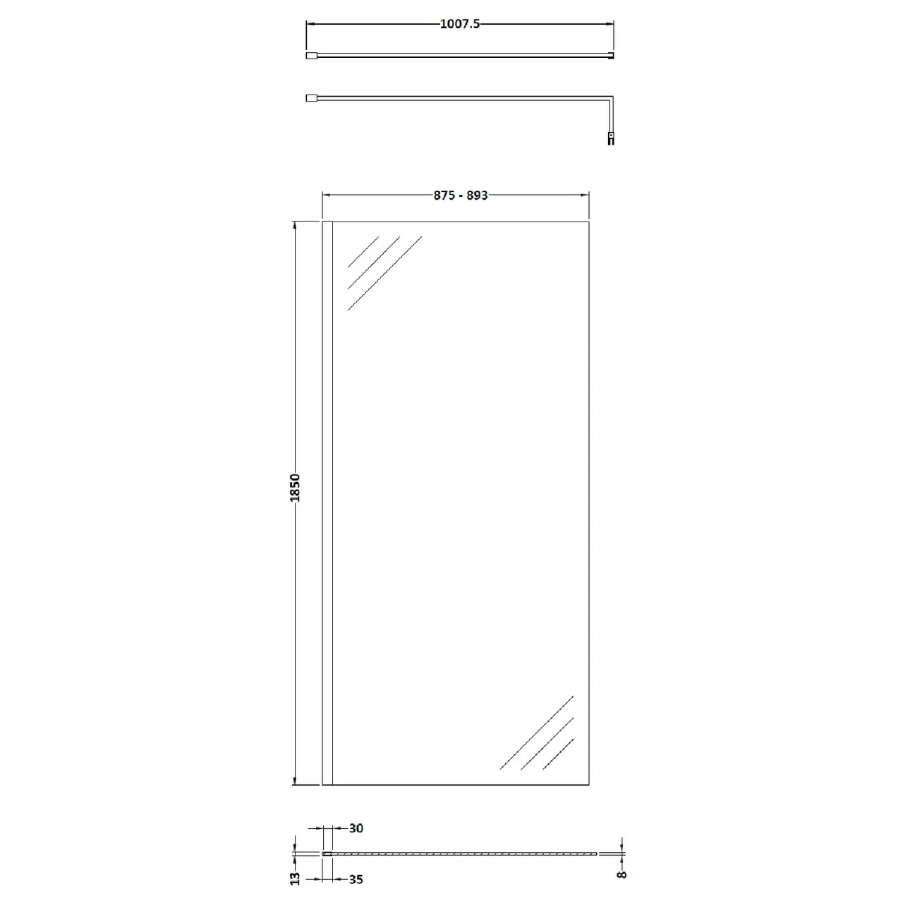Nuie 900mm X 1850mm Wetroom Screen With Matt Black Support Bar - WRSCBP090 - Image 2