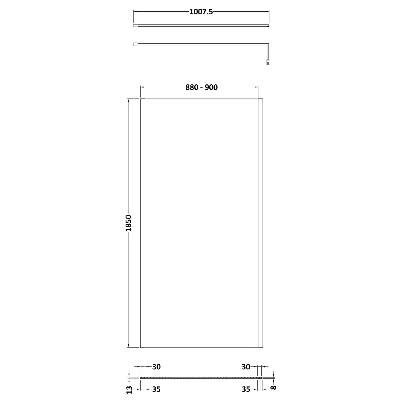 Nuie 900mm X 1850mm Wetroom Screen With Brushed Brass Support Bar - WRSCOBB90 - Image 3