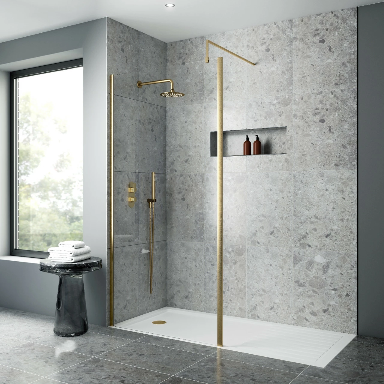 Nuie 900mm X 1850mm Wetroom Screen With Brushed Brass Support Bar - WRSCOBB90 - Image 2