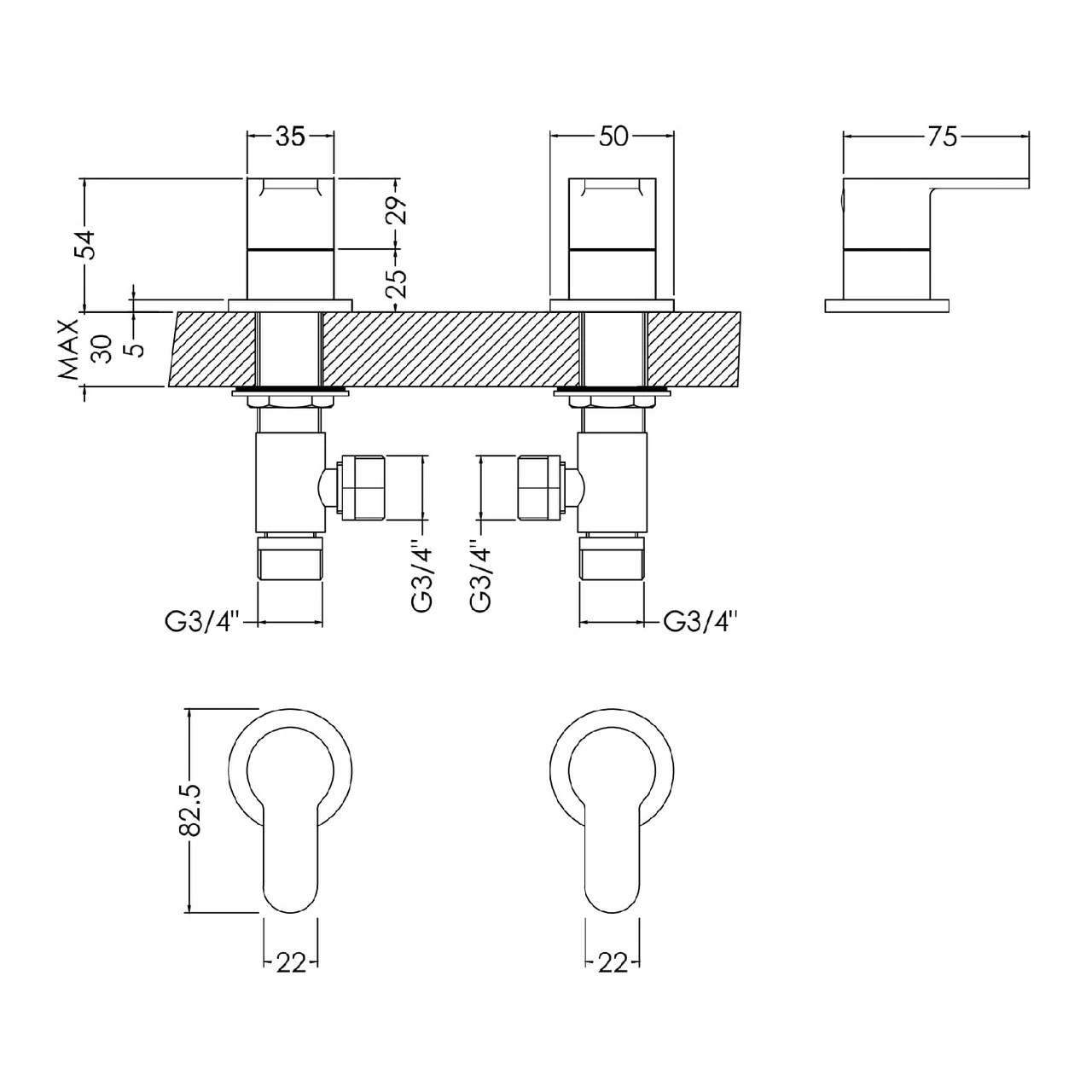 Nuie Arvan Polished Chrome 3/4 Inch Side Valves - ARV308 - Image 2