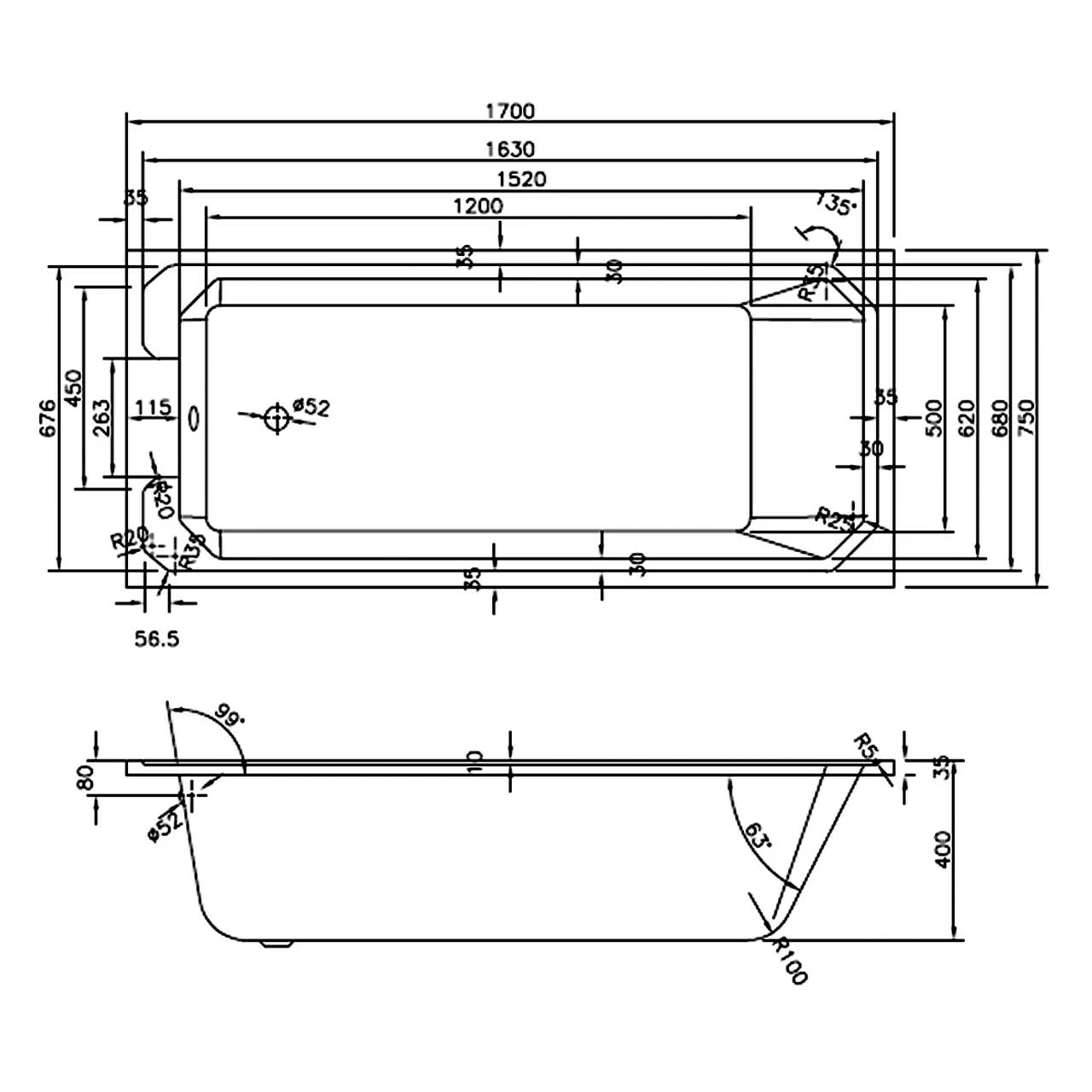 Nuie Ascott 1700mm X 750mm Art Deco Single Ended Bath - NLB110 - Image 3