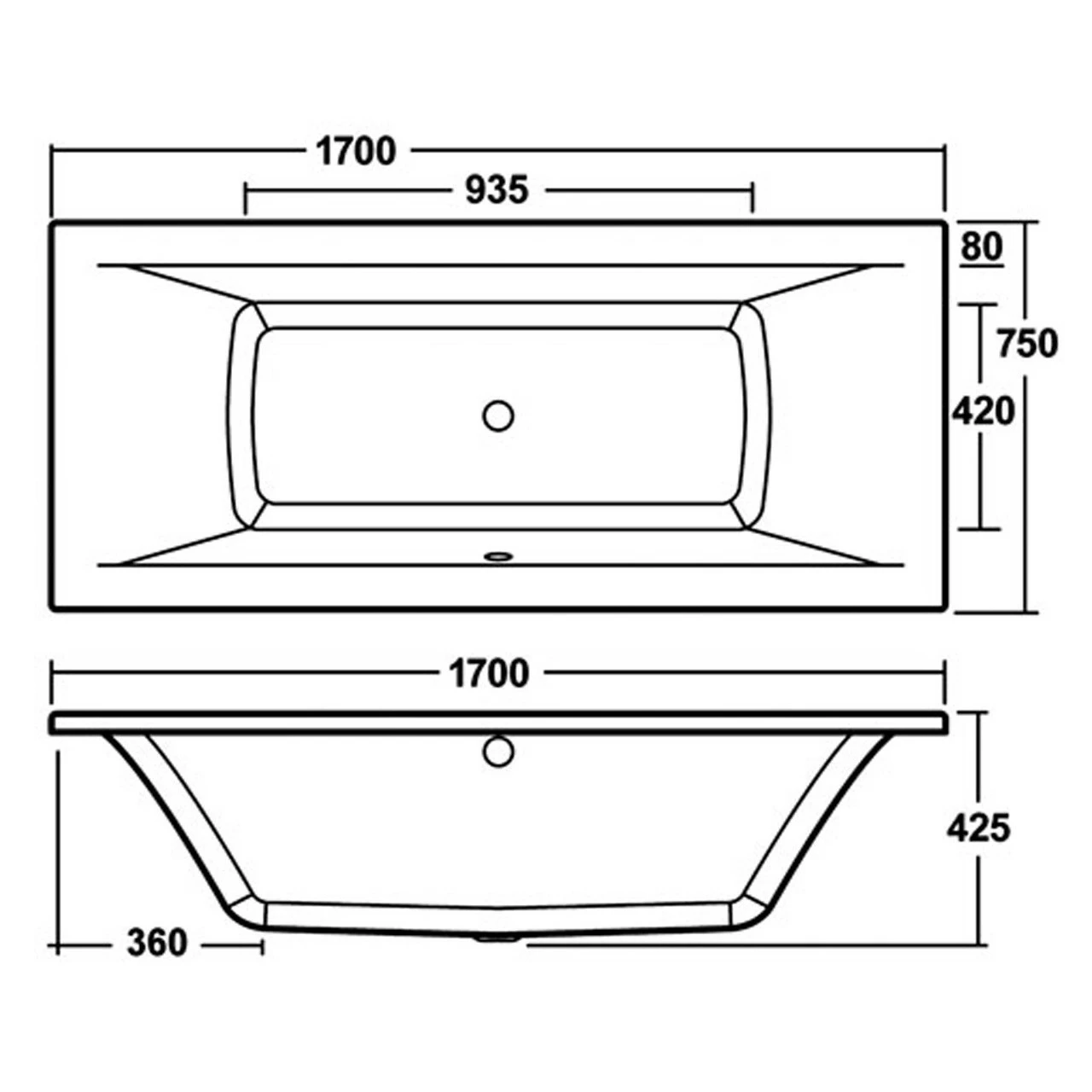 Nuie Asselby 1700mm X 750mm Square Double Ended Bath - NBA210 - Image 3