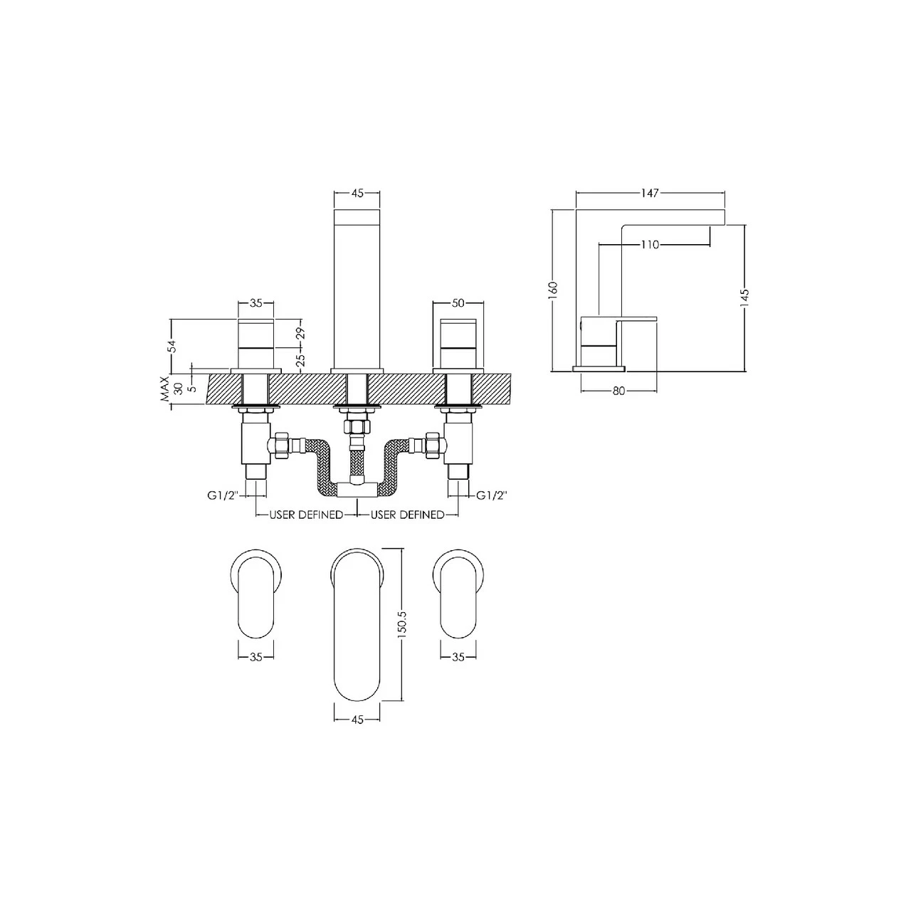 Nuie Binsey Polished Chrome Deck Mounted 3 Tap Hole Basin Mixer With Pop-up Waste - BIN337 4 Nuie Binsey Polished Chrome Deck Mounted 3 Tap Hole Basin Mixer With Pop-up Waste - BIN337 - Image 2