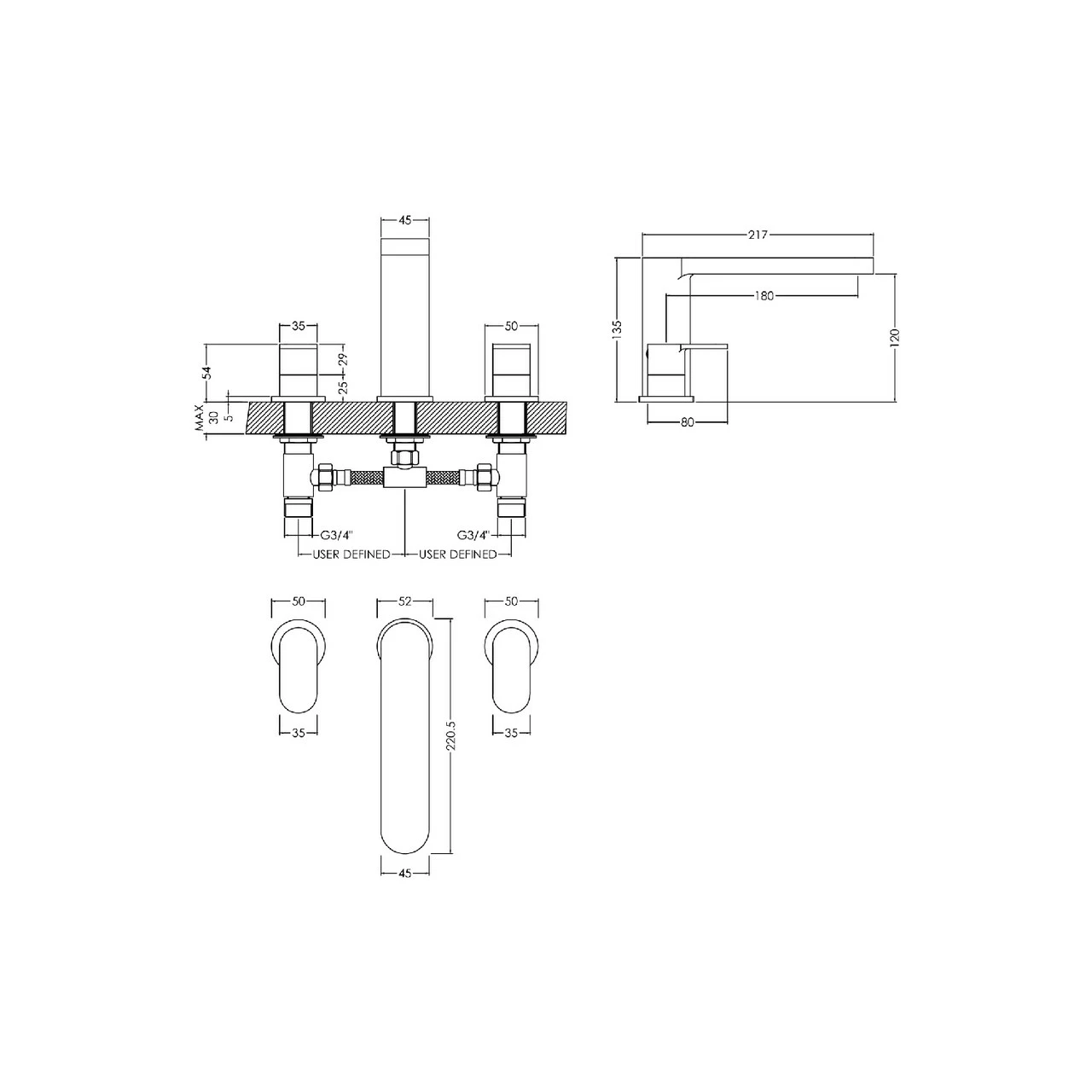 Nuie Binsey Polished Chrome Deck Mounted 3 Tap Hole Bath Filler - BIN333 - Image 2
