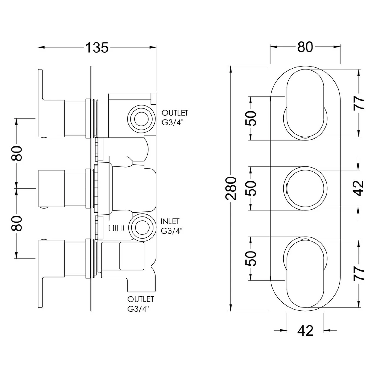 Nuie Binsey Polished Chrome Triple Concealed Thermostatic Shower Valve With Diverter - BINTR03 4 Nuie Binsey Polished Chrome Triple Concealed Thermostatic Shower Valve With Diverter - BINTR03 - Image 2