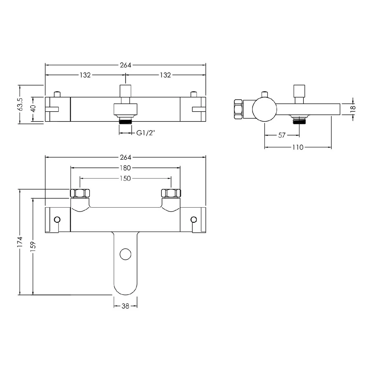 Nuie Binsey Polished Chrome Wall Mounted Thermostatic Bath Shower Mixer Tap - BIN005 - Image 2