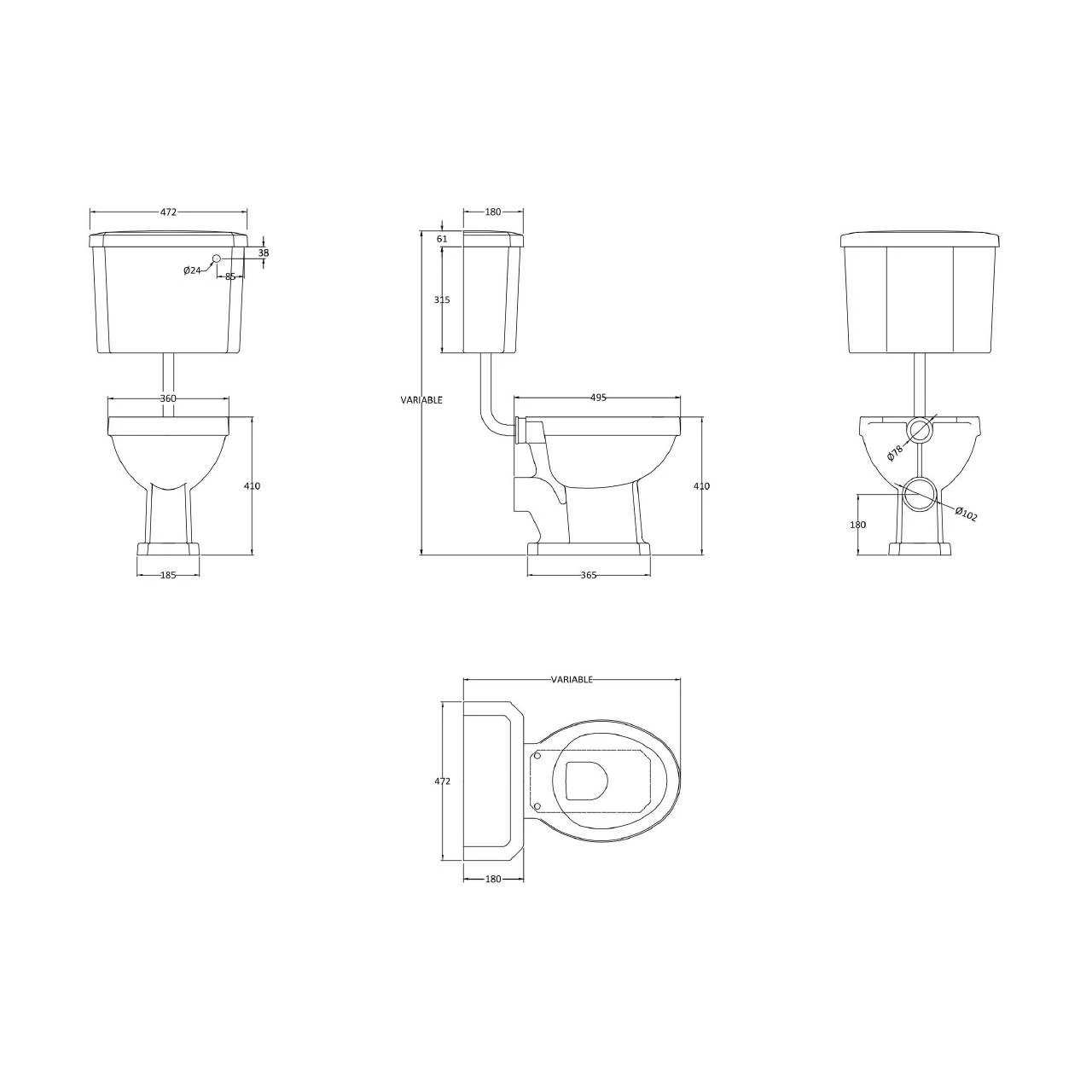 Nuie Carlton Low Level Pan, Cistern And Flush Pipe Kit - CCT001 4 Nuie Carlton Low Level Pan, Cistern And Flush Pipe Kit - CCT001 - Image 2