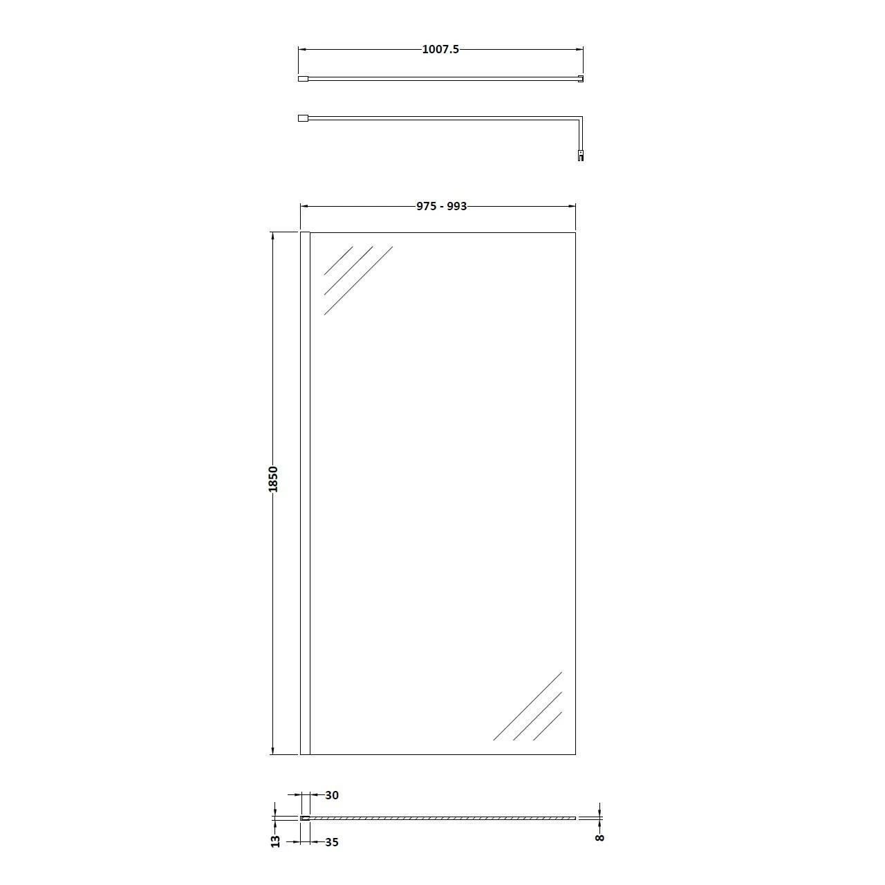 Nuie Chrome 1000mm Wetroom Shower Screen With Support Bar - WRSC10 - Image 2
