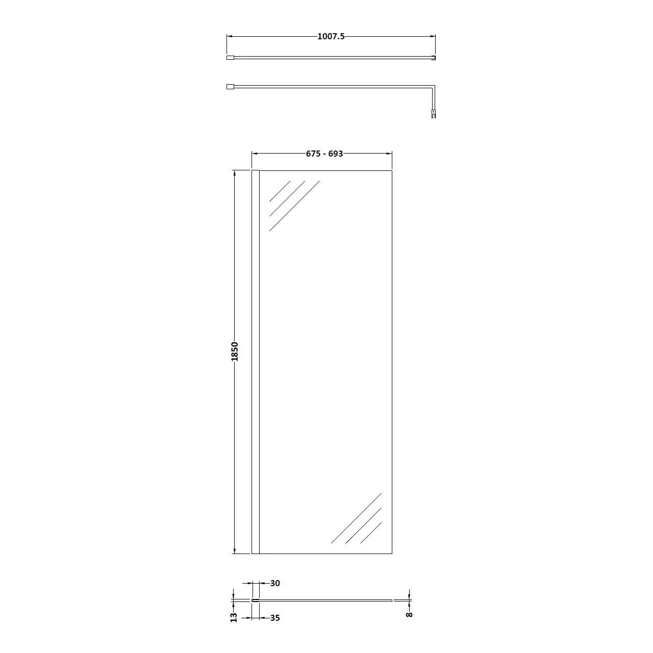 Nuie Chrome 700mm Wetroom Shower Screen With Support Bar - WRSC070 - Image 2