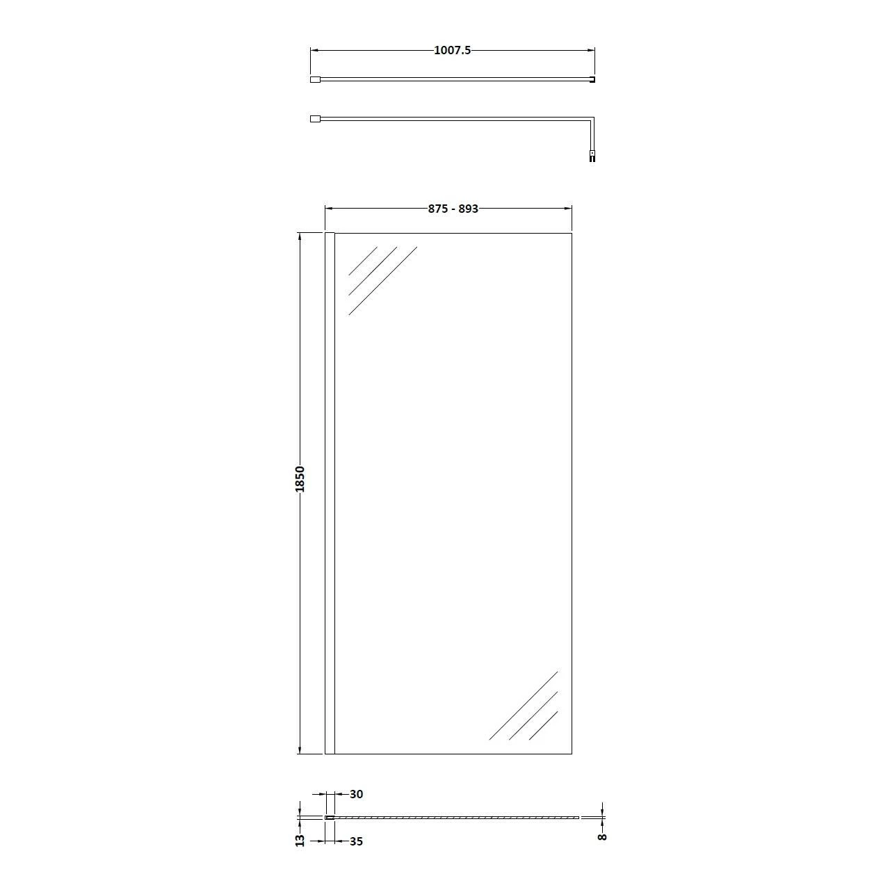 Nuie Chrome 900mm Wetroom Shower Screen With Support Bar - WRSC090 - Image 2