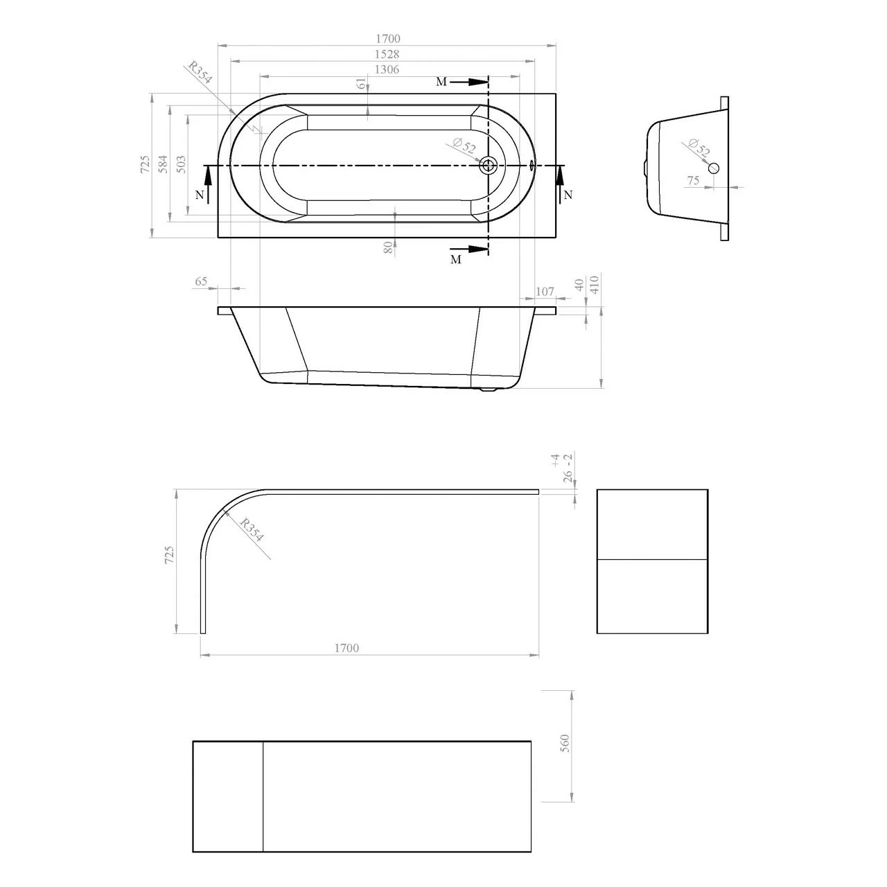 Nuie Crescent 1700mm X 725mm Left Hand Back To Wall Corner Bath - NBH209L - Image 3