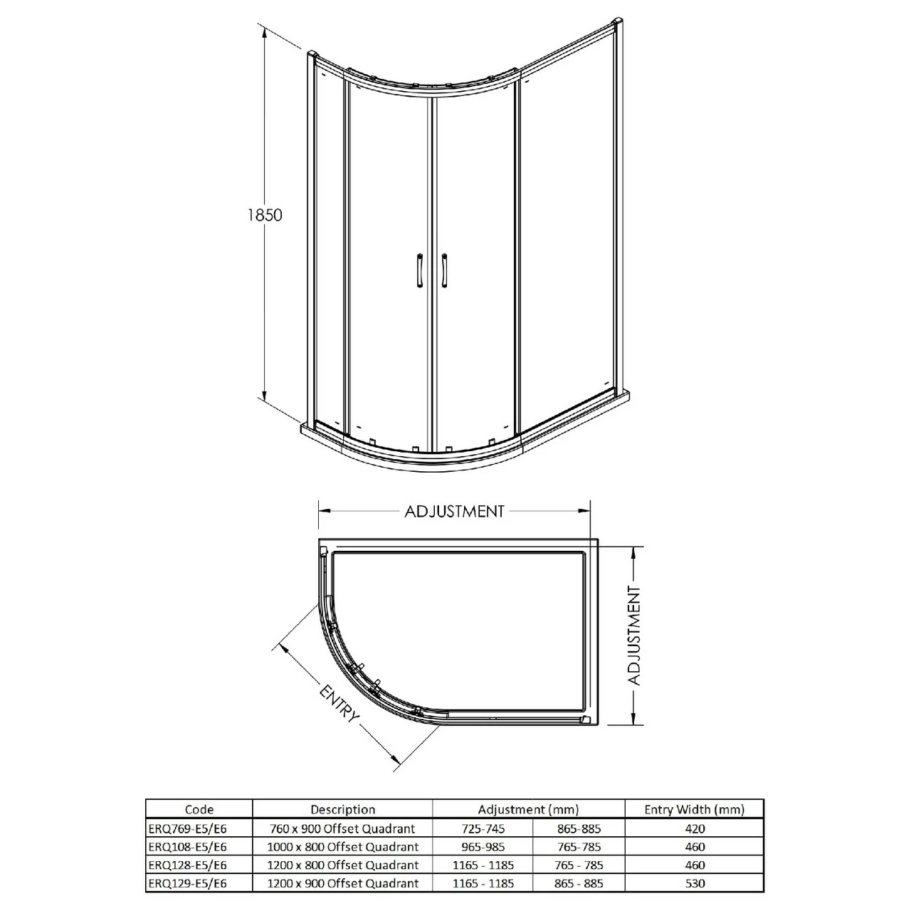 Nuie Ella 1200mm X 800mm Offset Quadrant Shower Enclosure With Square Satin Chrome Handle - ERQ128H5 - Image 2