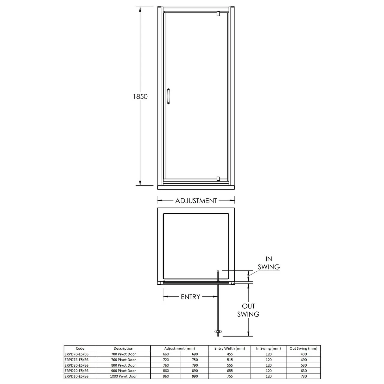 Nuie Ella 700mm Pivot Shower Door With Square Satin Chrome Handle - ERPD70H5 - Image 2