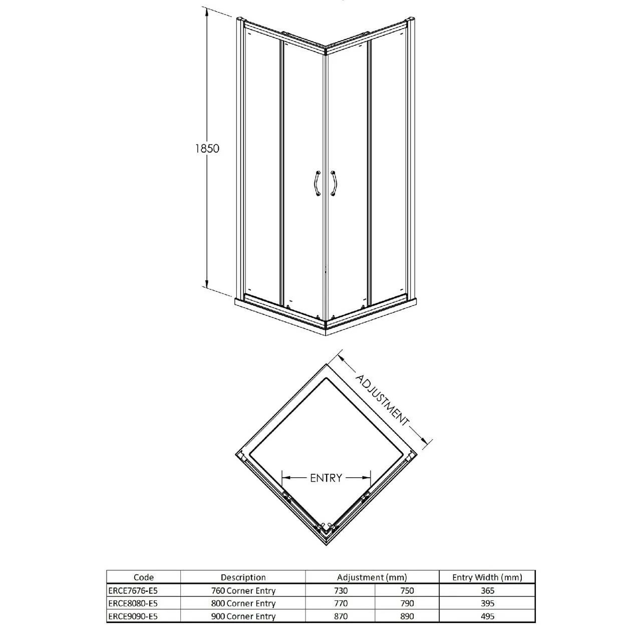 Nuie Ella 760mm Corner Entry Shower Enclosure And Square Satin Chrome Handle - ERCE7676H5 - Image 2