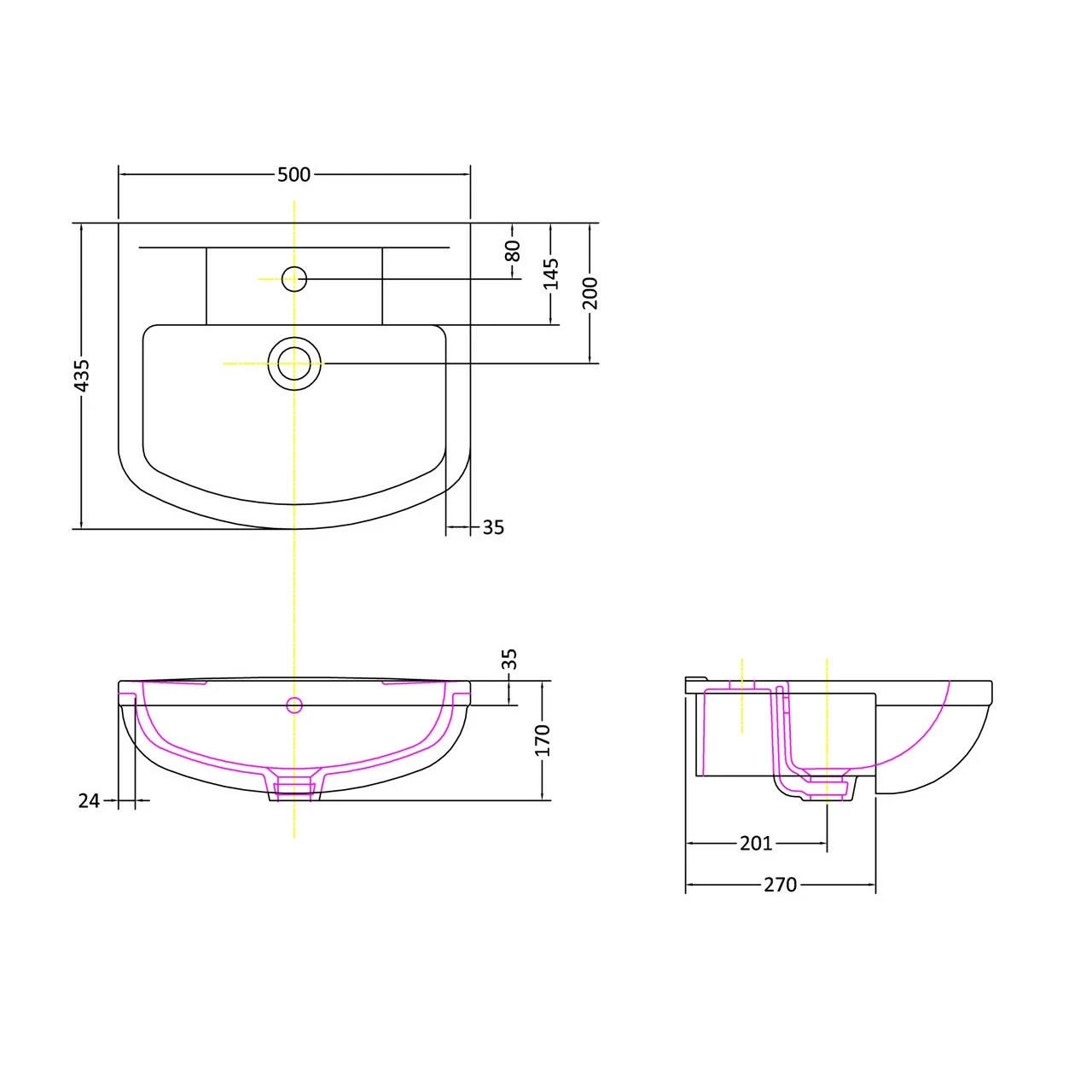 Nuie Harmony 500mm Semi Recessed Basin With 1 Tap Hole - NCH305A 4 Nuie Harmony 500mm Semi Recessed Basin With 1 Tap Hole - NCH305A - Image 2