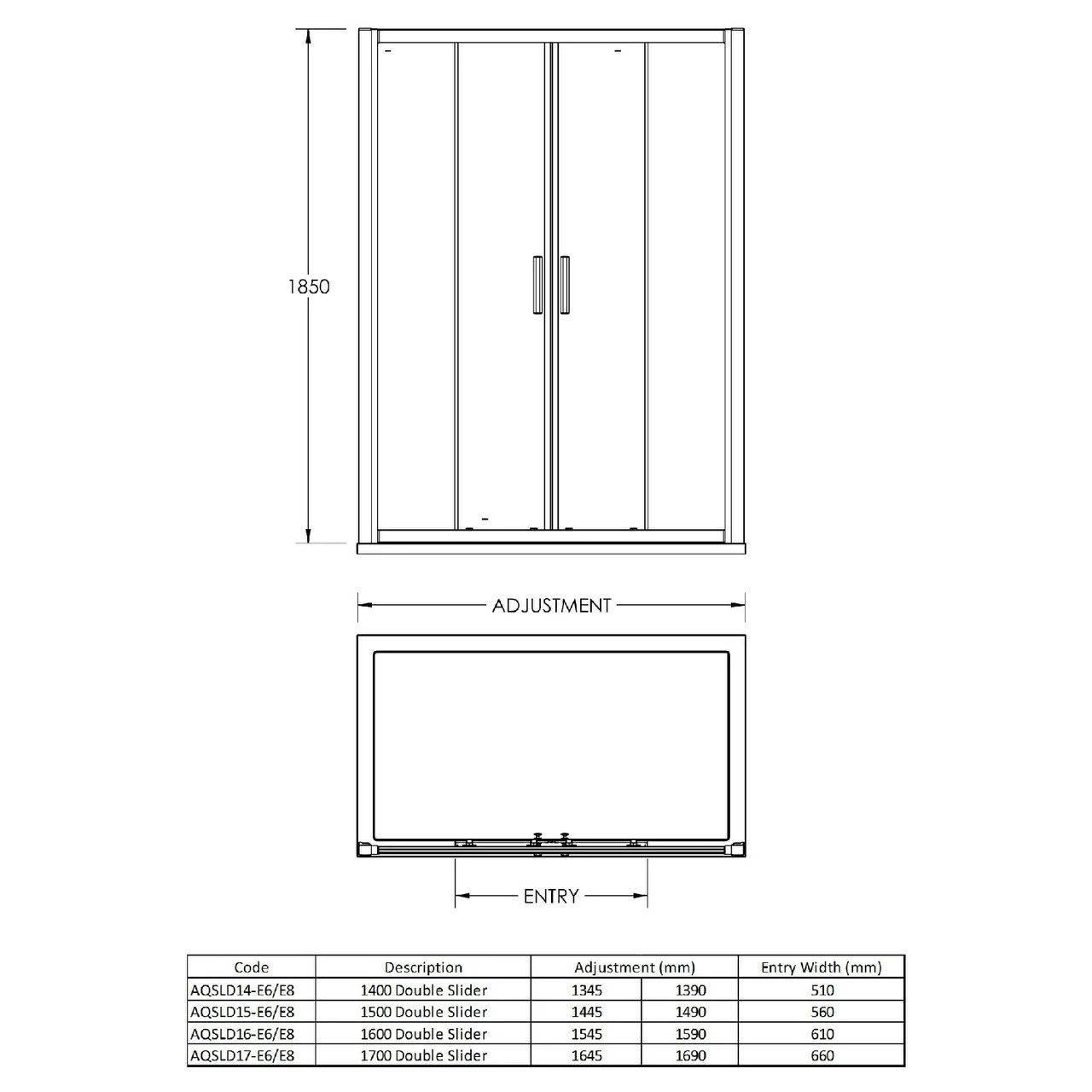 Nuie Pacific 1500mm Double Sliding Shower Door With Rounded Polished Chrome Handle - AQSLD15H3 - Image 2