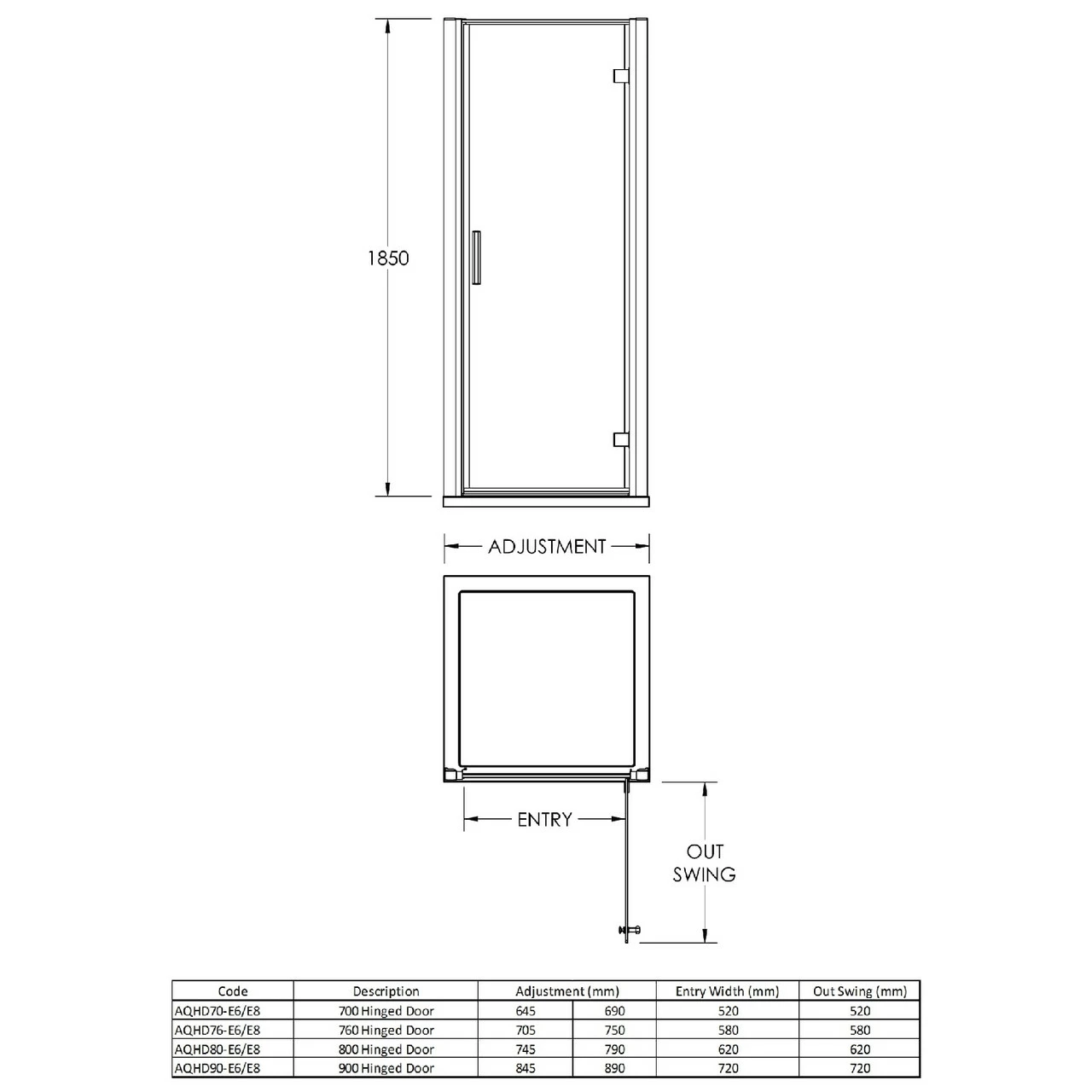 Nuie Pacific 760mm Hinged Shower Door With Rounded Polished Chrome Handle - AQHD76H3 - Image 2