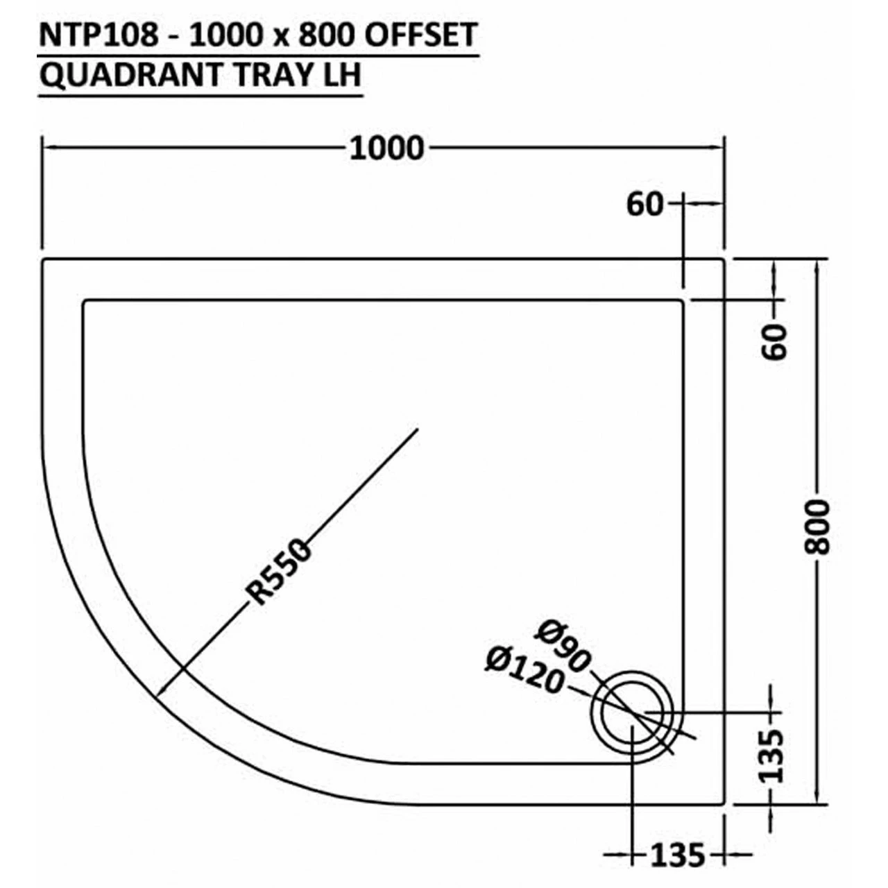 Nuie Pearlstone 1000mm X 800mm Left Hand Offset Quadrant Shower Tray - NTP108 - Image 2