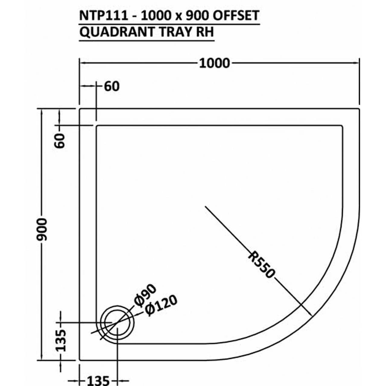 Nuie Pearlstone 1000mm X 900mm Right Hand Offset Quadrant Shower Tray - NTP111 4 Nuie Pearlstone 1000mm X 900mm Right Hand Offset Quadrant Shower Tray - NTP111 - Image 2