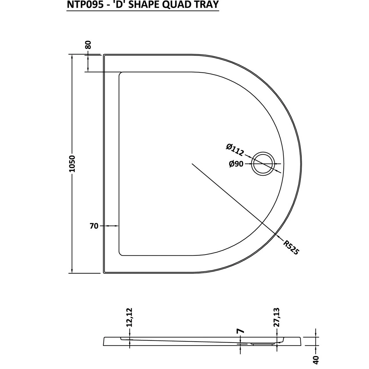 Nuie Pearlstone 1050mm X 950mm D Shape Shower Tray - NTP095 - Image 4