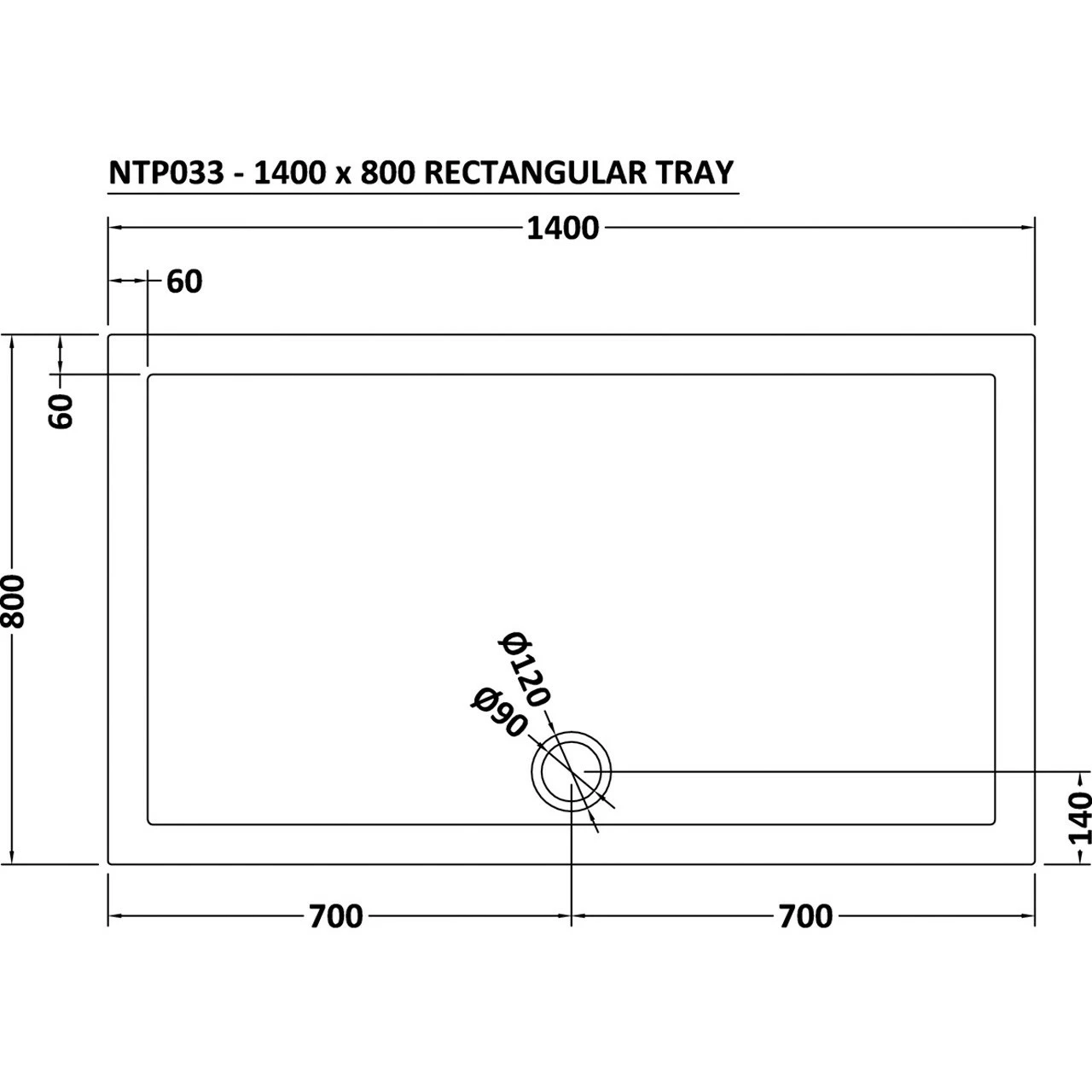 Nuie Pearlstone 1400mm X 800mm Rectangular Shower Tray With Centre Edge Waste - NTP033 - Image 4