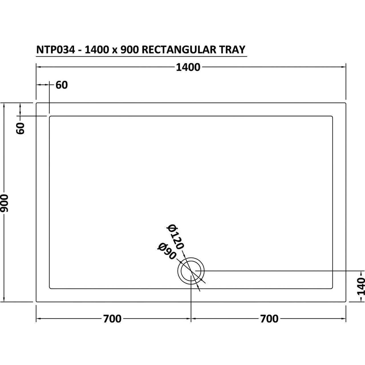 Nuie Pearlstone 1400mm X 900mm Rectangular Shower Tray With Centre Edge Waste - NTP034 - Image 2
