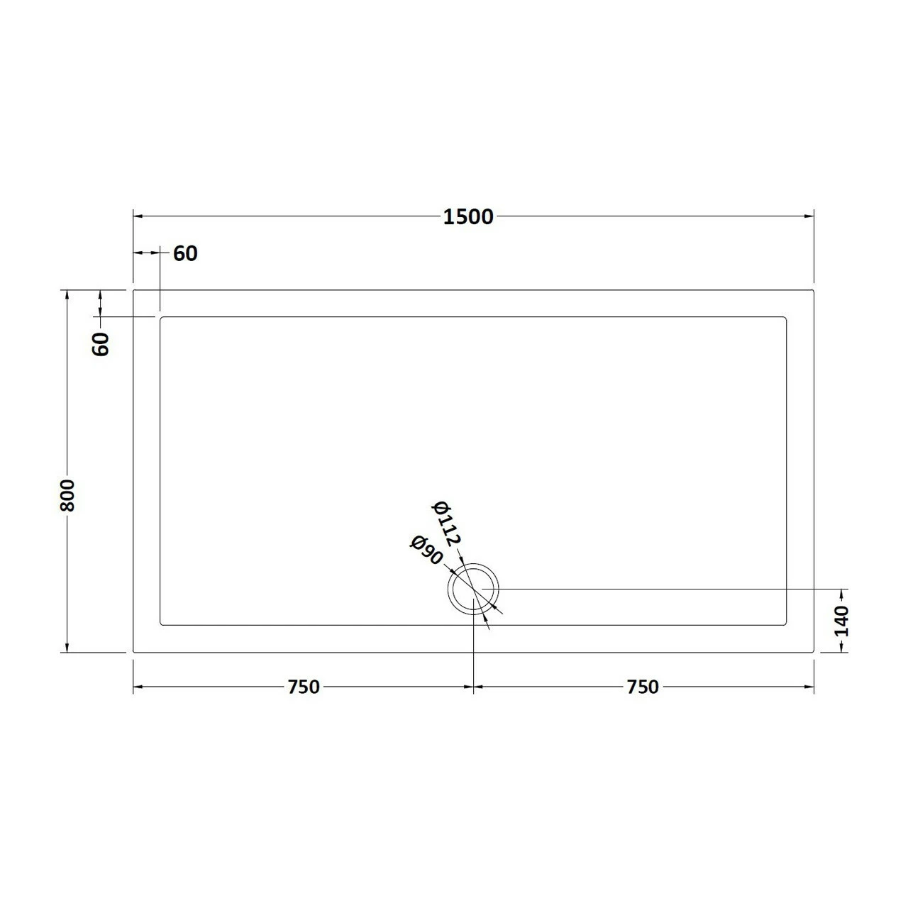 Nuie Pearlstone 1500mm X 800mm Rectangular Shower Tray With Centre Edge Waste - NTP043 - Image 2
