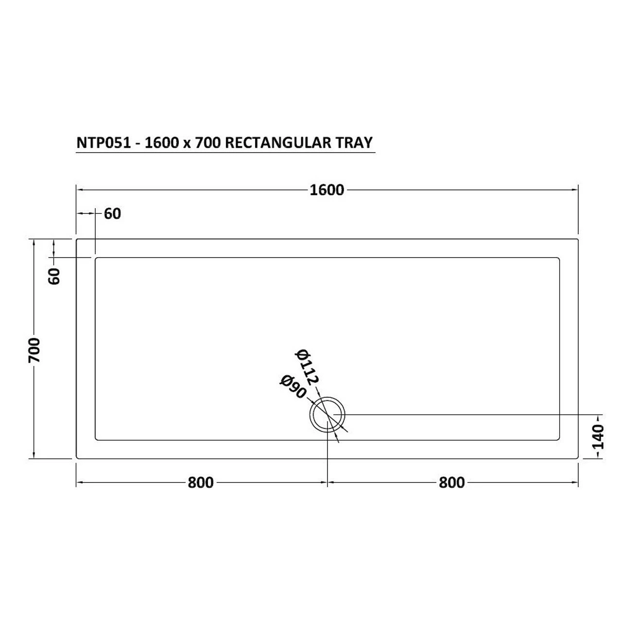Nuie Pearlstone 1600mm X 700mm Rectangular Shower Tray With Centre Edge Waste - NTP051 - Image 2