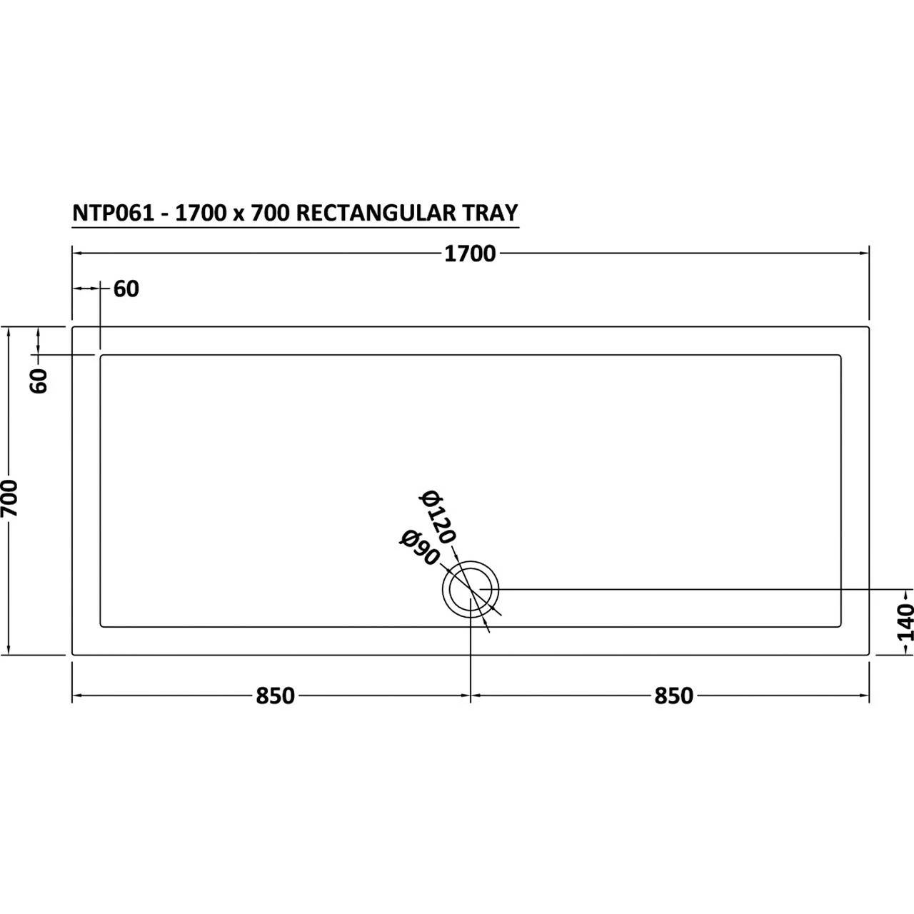Nuie Pearlstone 1700mm X 700mm Rectangular Shower Tray With Centre Edge Waste - NTP061 - Image 2