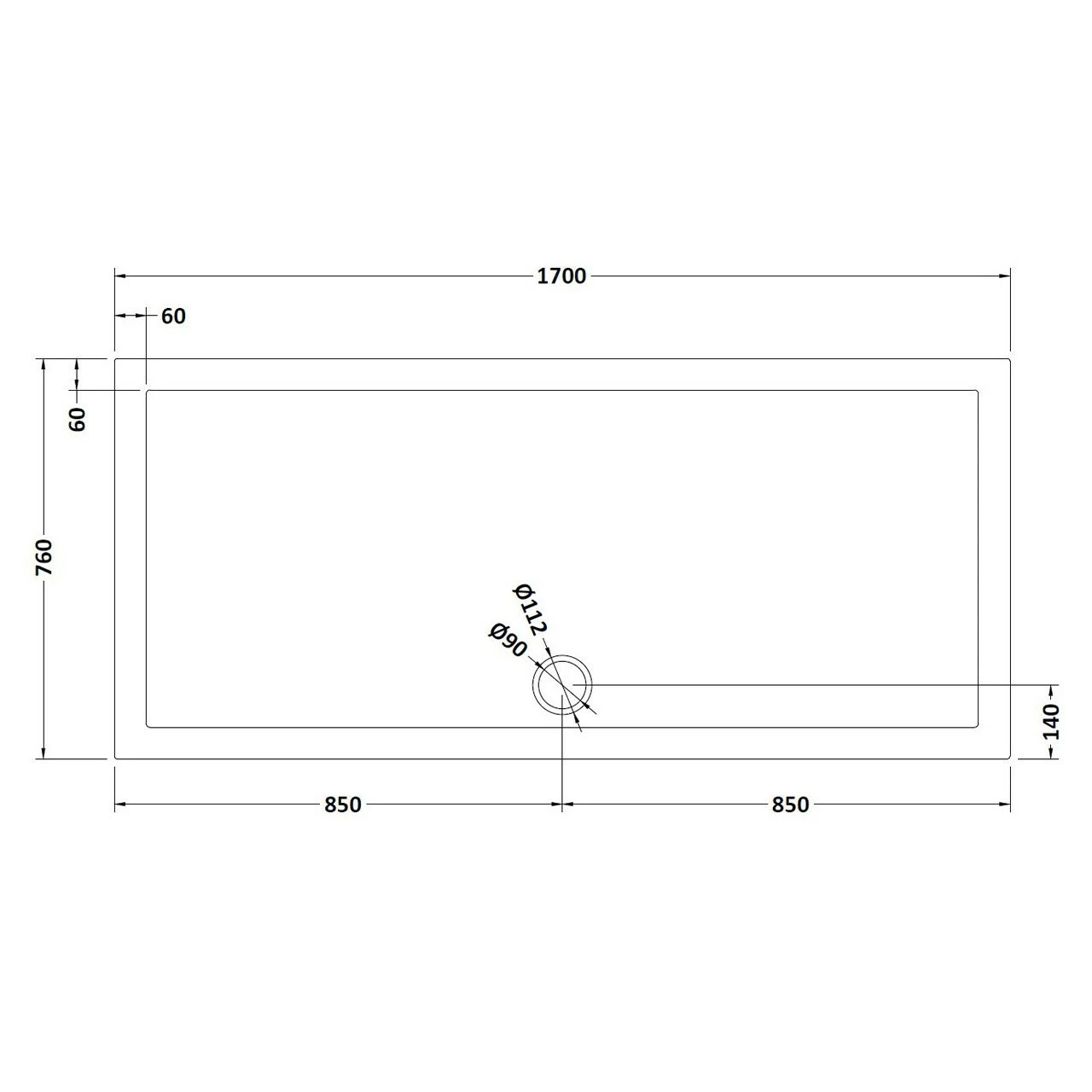 Nuie Pearlstone 1700mm X 760mm Rectangular Shower Tray With Centre Edge Waste - NTP062 - Image 2