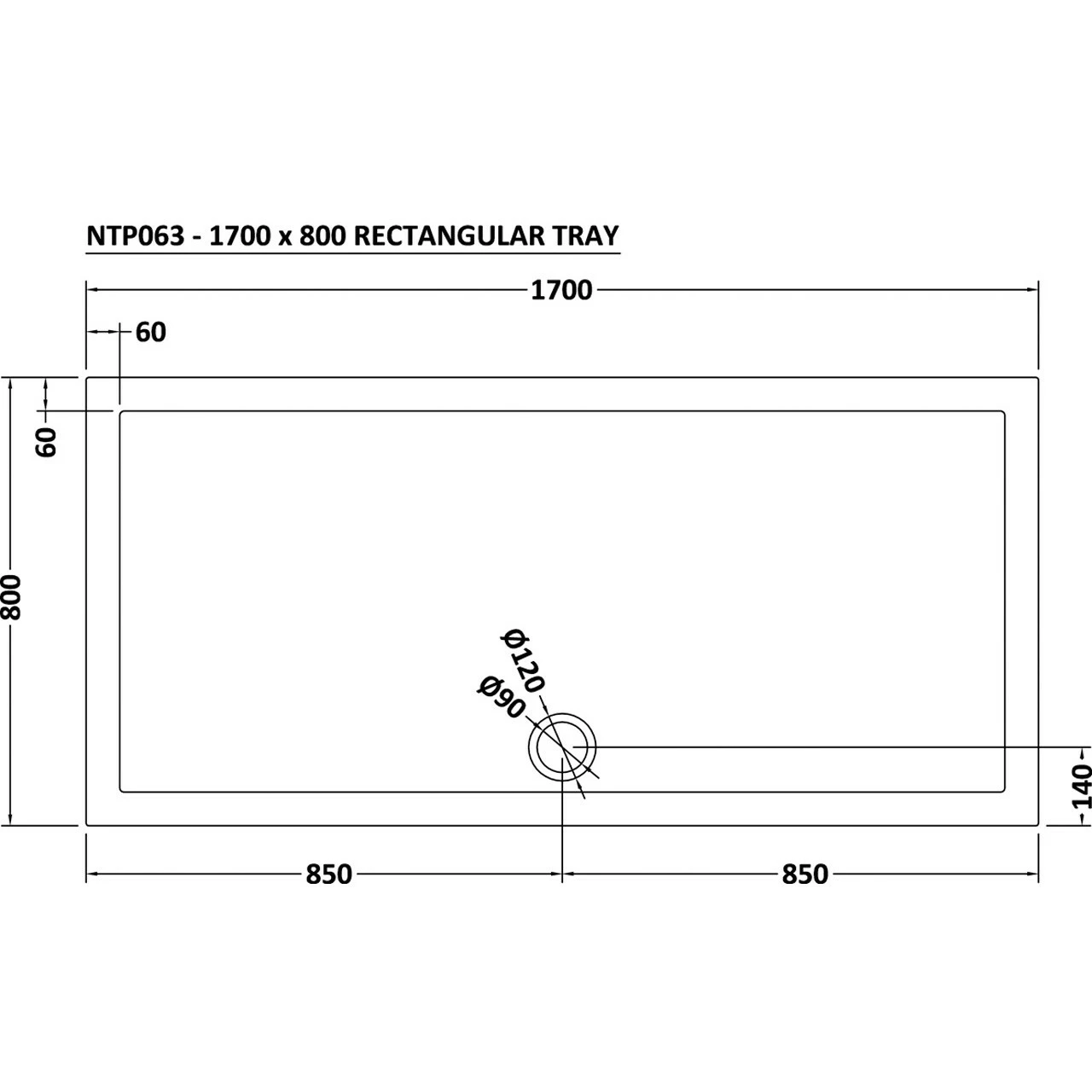 Nuie Pearlstone 1700mm X 800mm Rectangular Shower Tray With Centre Edge Waste - NTP063 6 Nuie Pearlstone 1700mm X 800mm Rectangular Shower Tray With Centre Edge Waste - NTP063 - Image 4
