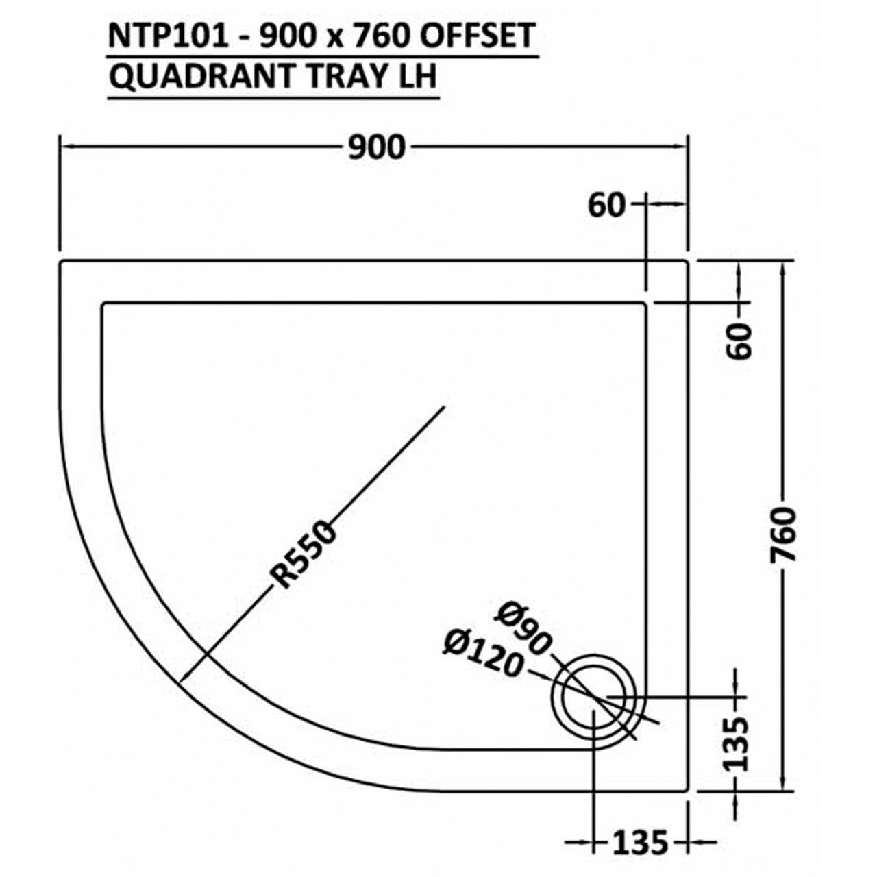 Nuie Pearlstone 900mm X 760mm Left Hand Offset Quadrant Shower Tray - NTP101 - Image 2