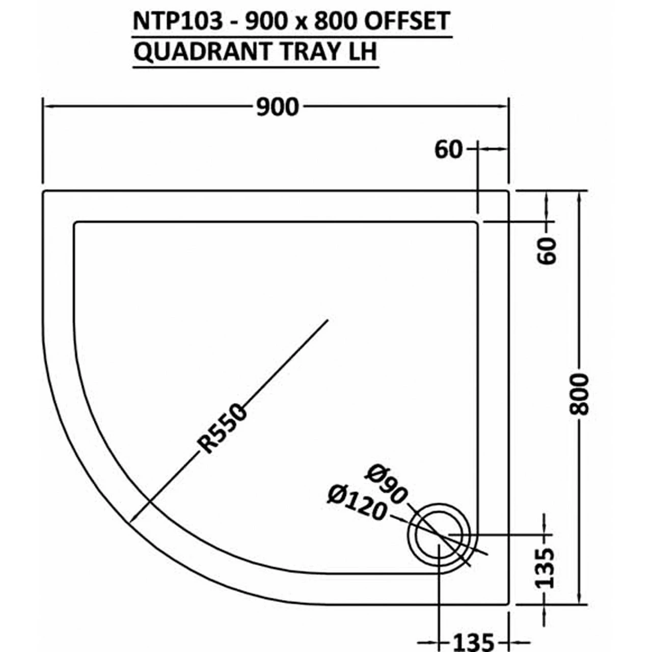 Nuie Pearlstone 900mm X 800mm Left Hand Offset Quadrant Shower Tray - NTP103 - Image 2