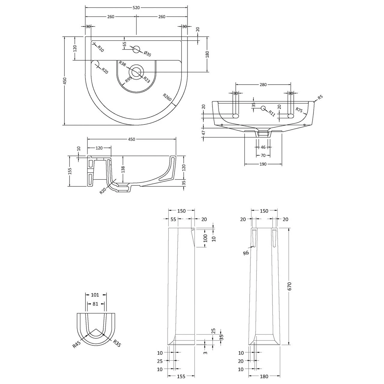 Nuie Provost 520mm Basin With 1 Tap Hole And Full Pedestal - CPV002 - Image 6