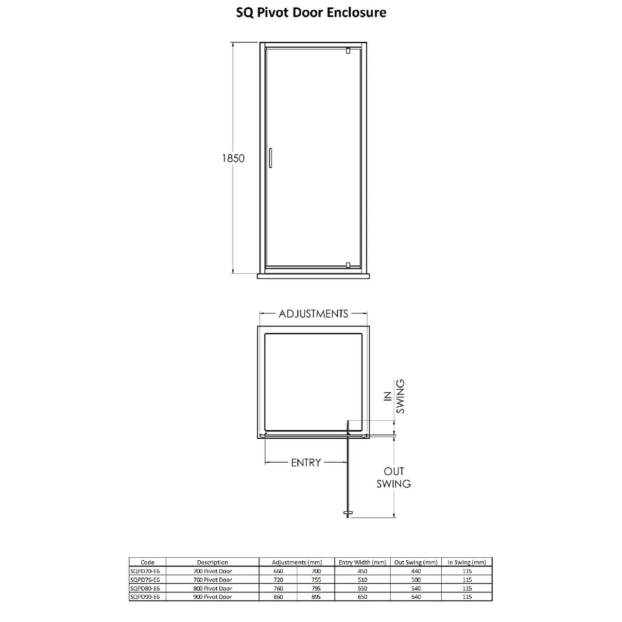 Nuie Rene Matt Black 800mm Pivot Shower Door - SQPD80BP - Image 3